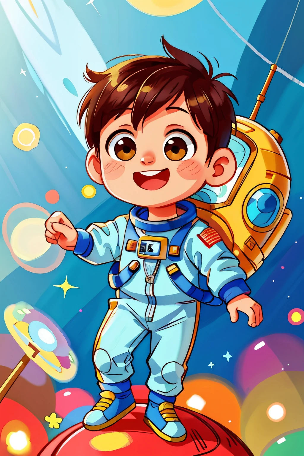 baby boy cute, wearing astronaut outfit, full body, floating, happy, perfect quality, clear focus (chibi style) (clutter - house: 0.8), (masterpiece: 1.2) (realistic: 1 ,2) (bokeh) (best quality) (detailed skin: 1.3) (intricate detail) (8K) (detailed eyes) (sharp focus), (happy)