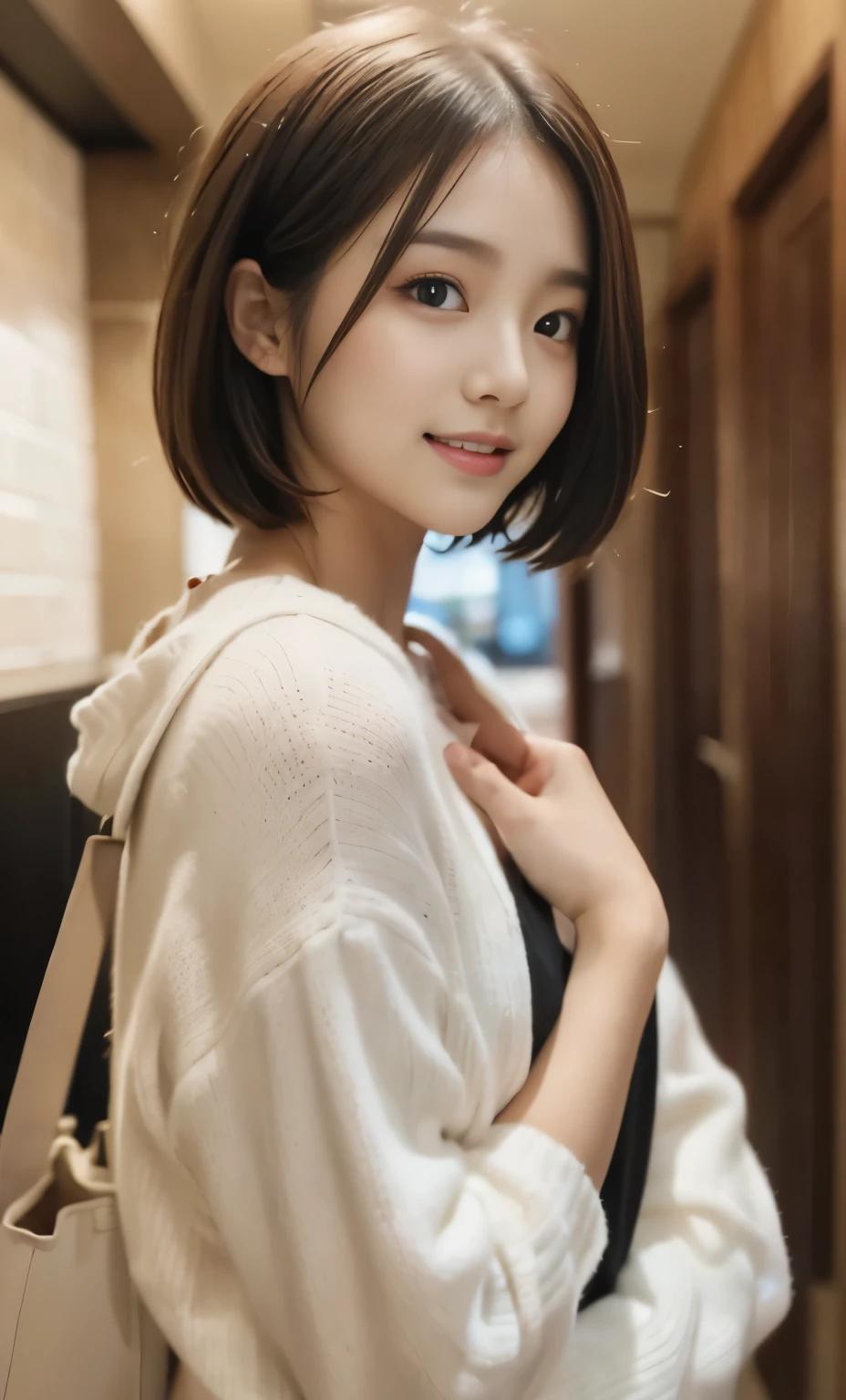 cute 21 year old japanese、super detail face、pay attention to details、double eyelid、beautiful thin nose、sharp focus:1.2、Beautiful woman:1.4、(light brown hair,short hair、),pure white skin、highest quality、masterpiece、ultra high resolution、(Photoreal:1.4)、Light from outside、laughter、Pinafor、corridor、cute winter clothes