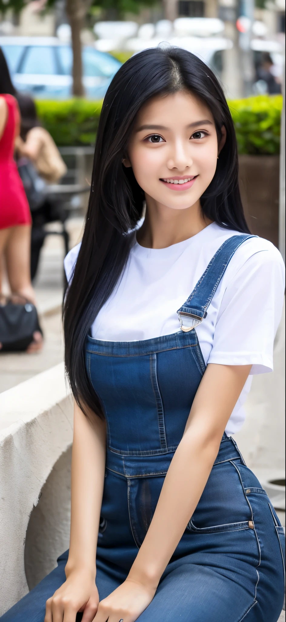 1 girl, indonesian girl, 23 years old, (black hair super-long 1 meters), (very beautiful face, very sweet, sharp eyes like an angel from heaven
), (beautiful hair), actress, smile, shiny skin, best quality, masterpiece, (photorealistic:1.4), terrace seating, asian, indonesian, jakarta, denim long skirt (realistic fabric), white short sleeves (cotton fabric), (no logo), thin fingers