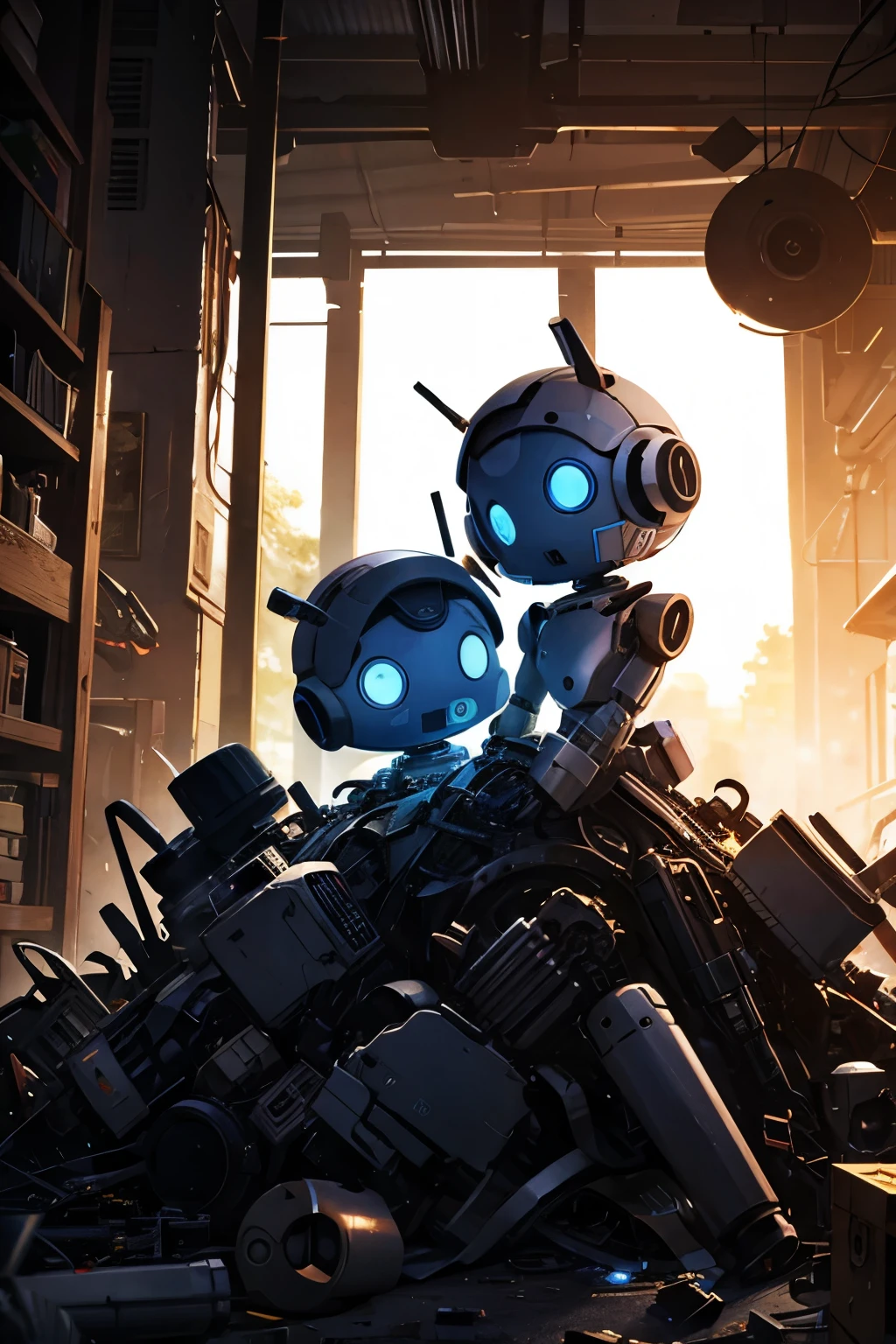 a little robot on a pile of spare parts is looking for its mother