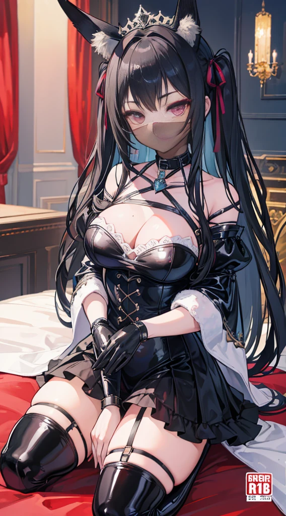 high quality, masterpiece, super detailed, 1 girl, extremely detailed faces, Gagging,Gagging,Christmas black latex bunny girl,black gloves,black christmas stocking tiara,Gagging,mad,handcuffs,collar,Calm expression,Smile,handcuffs,collar,long black hair, charming pink eyes, fox ears, Ridiculously big, skin shiny, sitting on bed,Cover your chest with your hands,bright bedroom