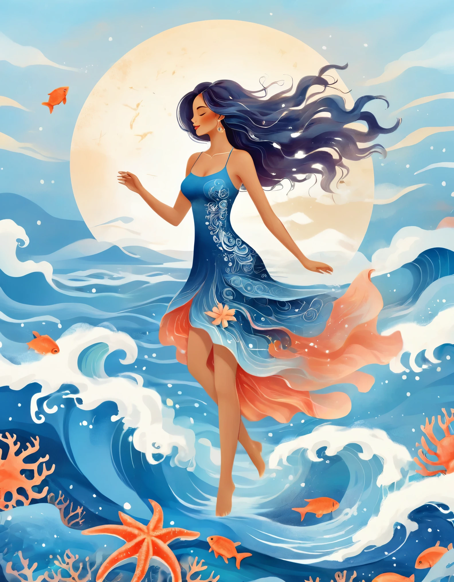 fusion of oil painting and watercolor painting, fusion of paper cutting and shadow puppetry, best quality, super fine, 16k, delicate and dynamic, the back view of a beautiful mermaid Princess sitting on a rock, a large moon with an orange gradation, stars, the night sky, ripples on the sea surface, special image effects, artwork