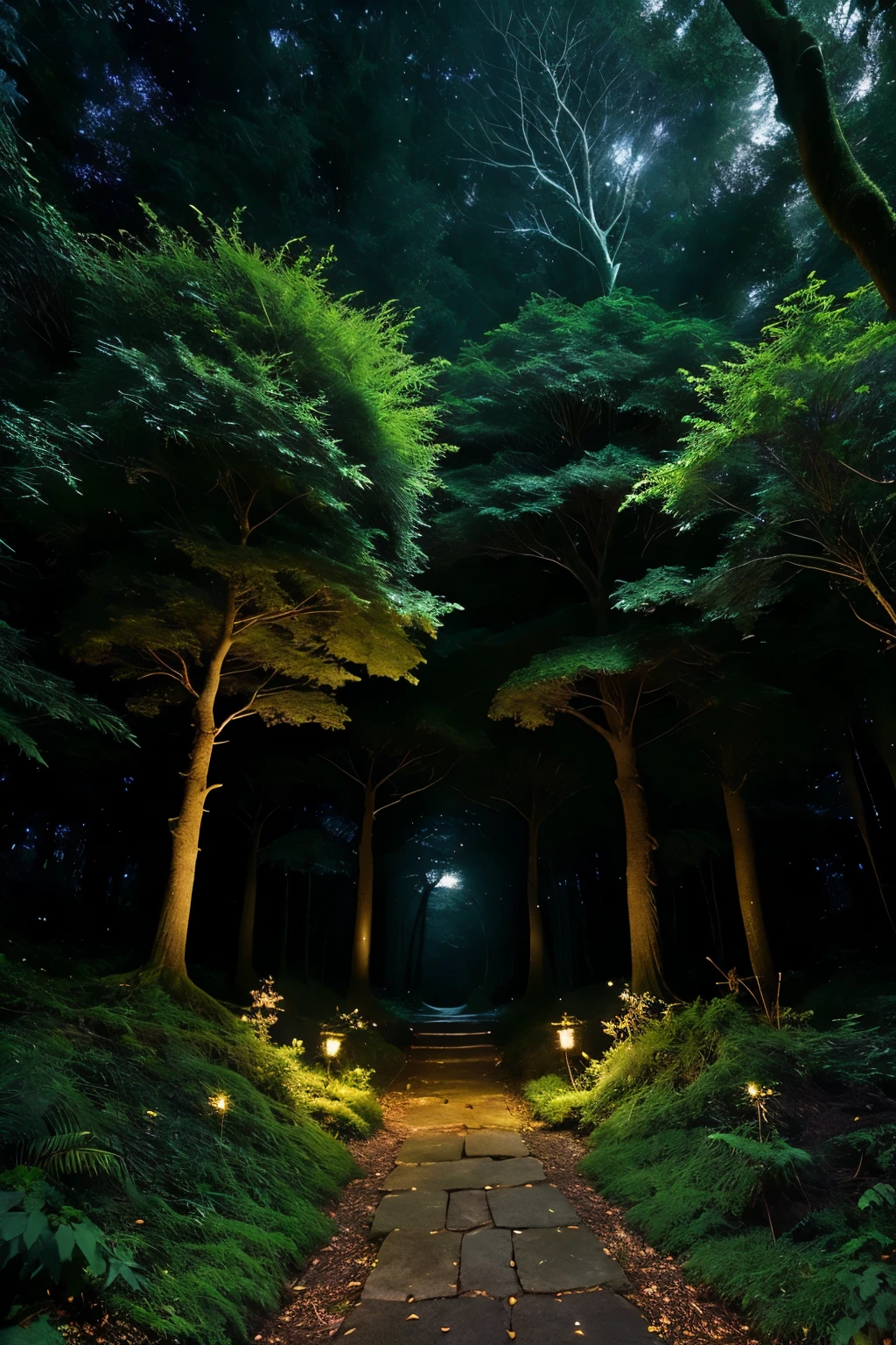 Ultra-detailed, magically enchanting forest scene at night: A profoundly mysterious, dense forest at night comes alive with thousands of twinkling fireflies, casting an ethereal glow upon the emerald moss-covered ground. A hidden, narrow path, shrouded in the intricately textured foliage, leads adventurous souls to a secret, magical place. The essence of real life unfolds as one approaches a magnificent, gnarled old tree, its branches reaching towards the heavens, adorned with fairy lights that sparkle in the crystal clear, star-filled sky. The enchanting atmosphere is heightened by the breeze that rustles the leaves, gently