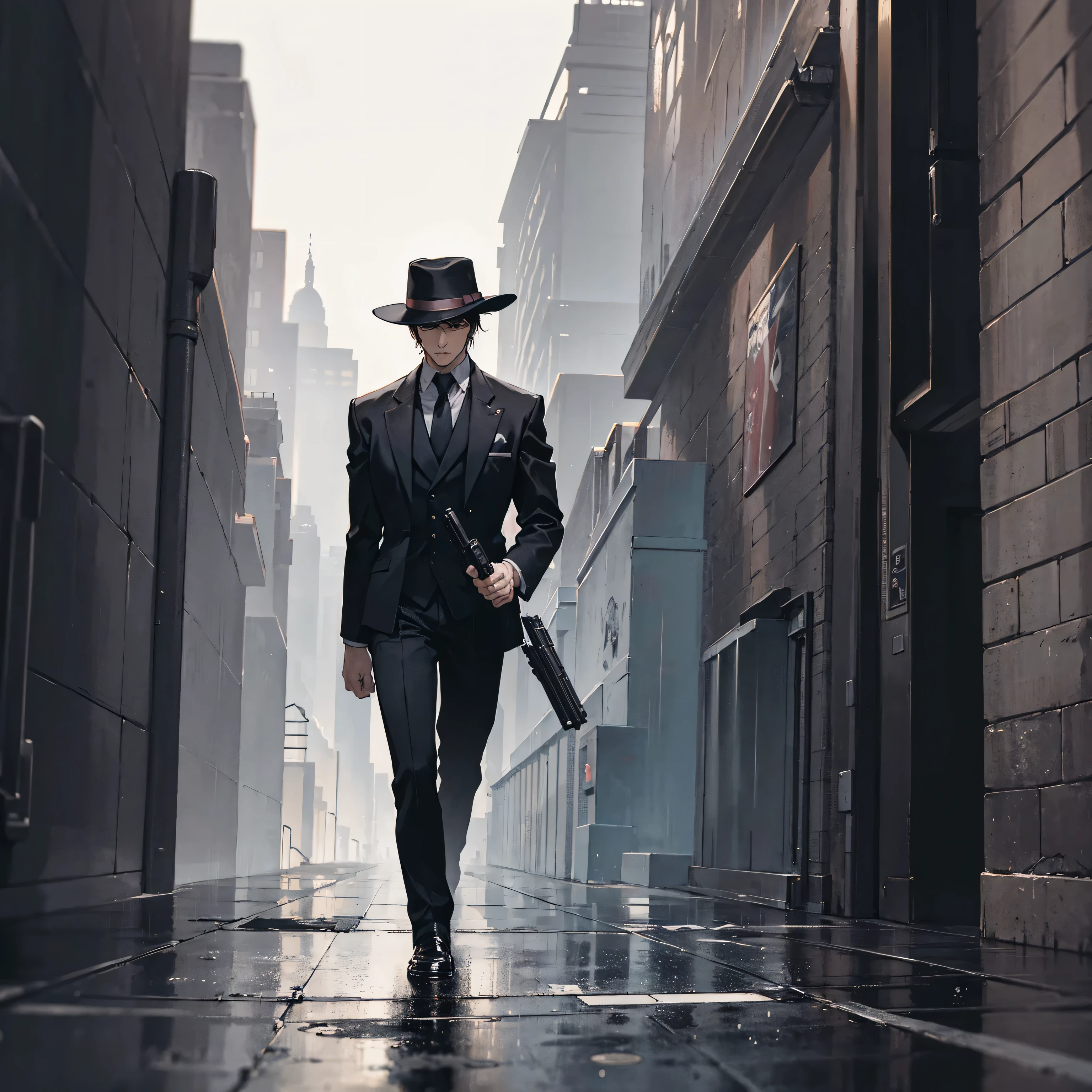A Mafia Wearing a Black suit and a Black Hat walking at a Rainy City While wearing a Gun