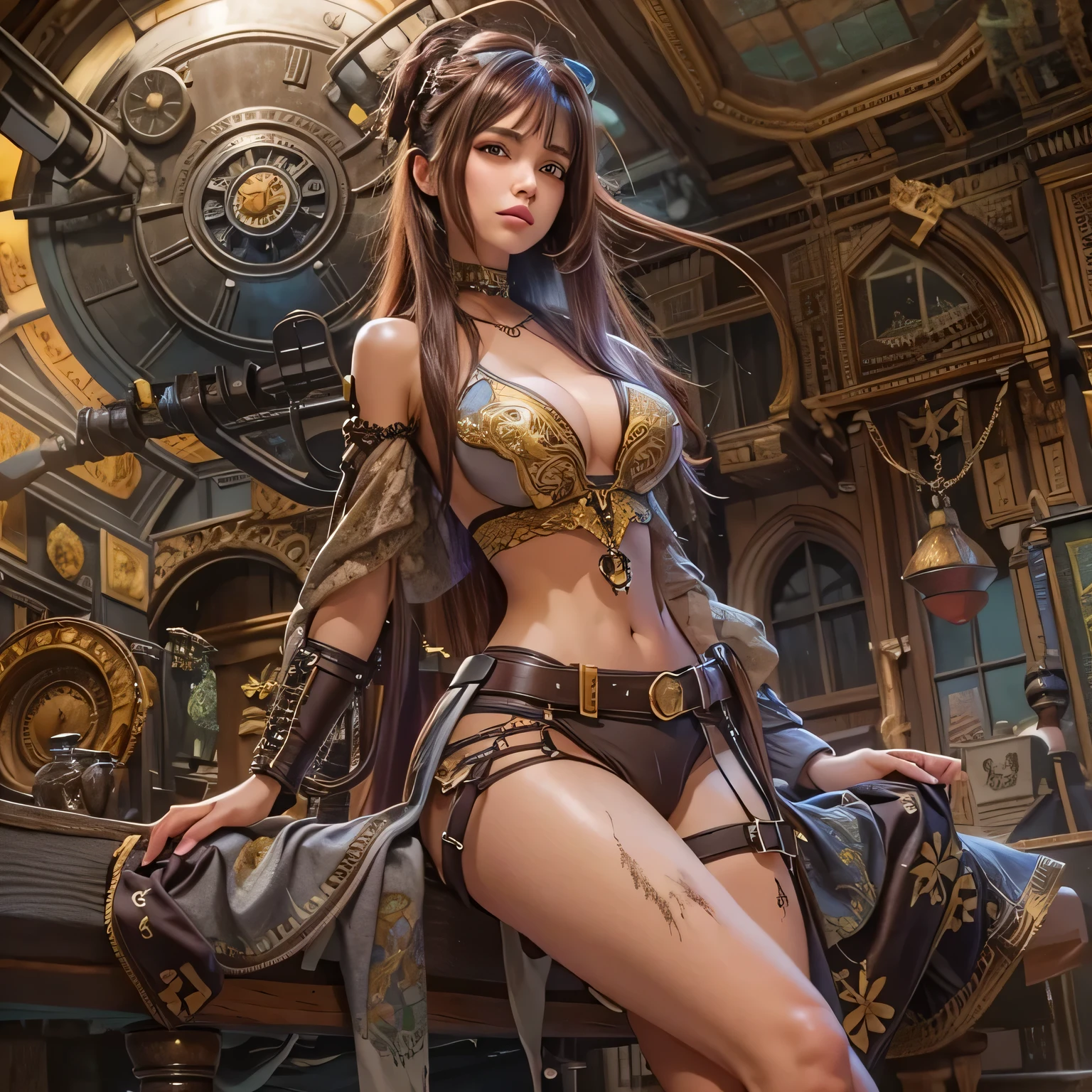 suggestive pose, random hair color, random eye color, Tenebrism art style painting,oil on canvas,(((huge big natural saggy breasts,very noticeable ))),steampunk airship background scenery,Complete Steampunk Clothes Intricade Details, WLOP, sakimichan,greg latkowski, Alphonse Mucha, makoto shinkai, Stanley Art Jem Lau, Los Doros, surreal,art station trends, unreal engine 5, 8K,concept art,digital paint, splash art, splash paint, face portrait,grunge painting, written by banksy, Written by Greg Tocchini, Written by James Gillard, Written by Joe Fenton, Written by Keith Butcher, very detailed, symmetrical, octane rendering, concept art, Artistic, cinematic, super sharp focus, very detailed, Vibrant soul, perfection