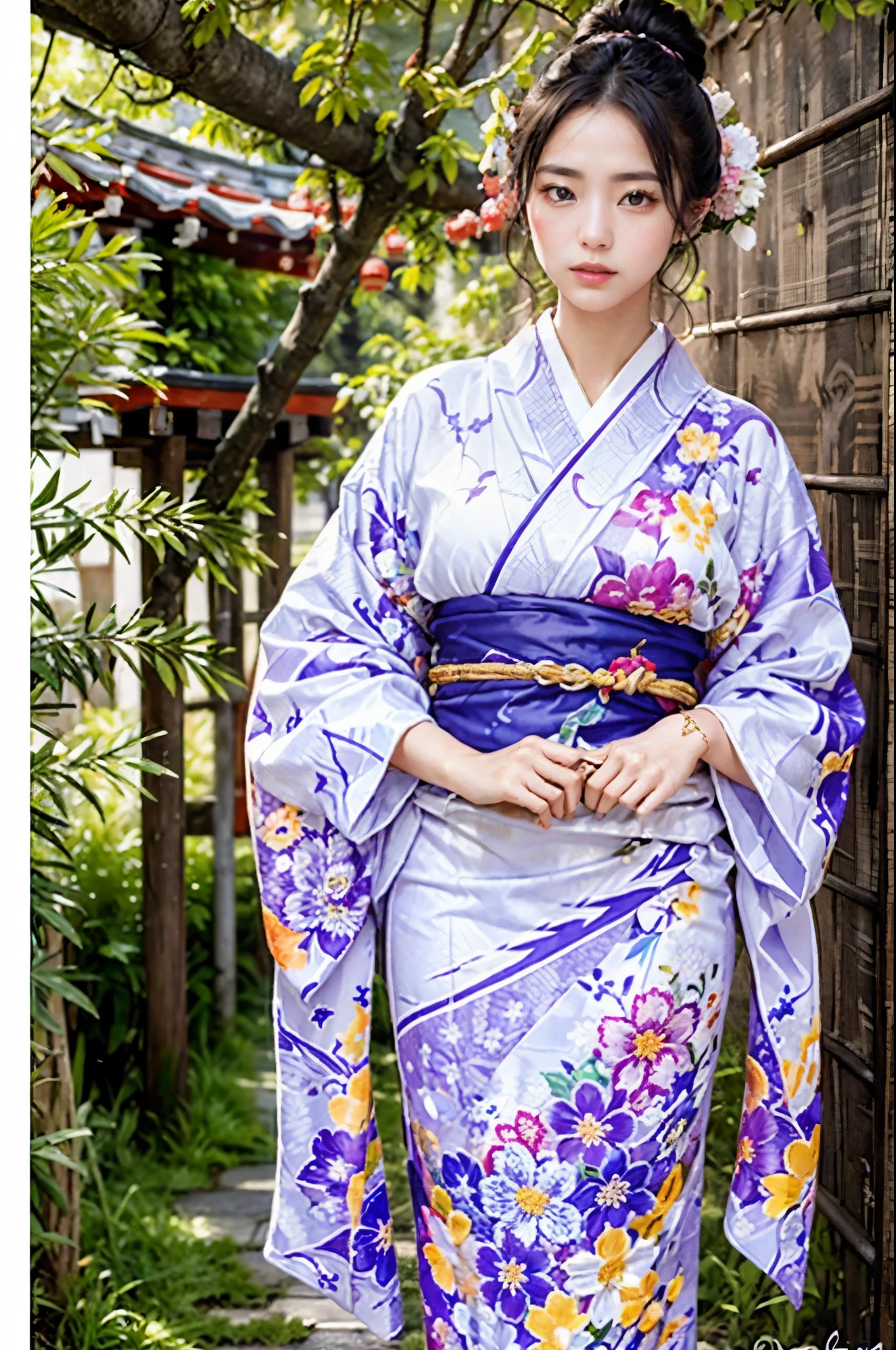 (16k), (highest quality: 1.2), (realistic), (realistic: 1.37), super detailed, professional lighting, Ref version, Araffe woman in white kimono with purple purse and purple purse, kimono, elegant yukata, kimono, royal kimono, yukata, Haori, wearing Japan kimono, Japanese style, Wearing a colorful yukata, pale colored kimonofemale, kimono, japanese women, traditional japanese