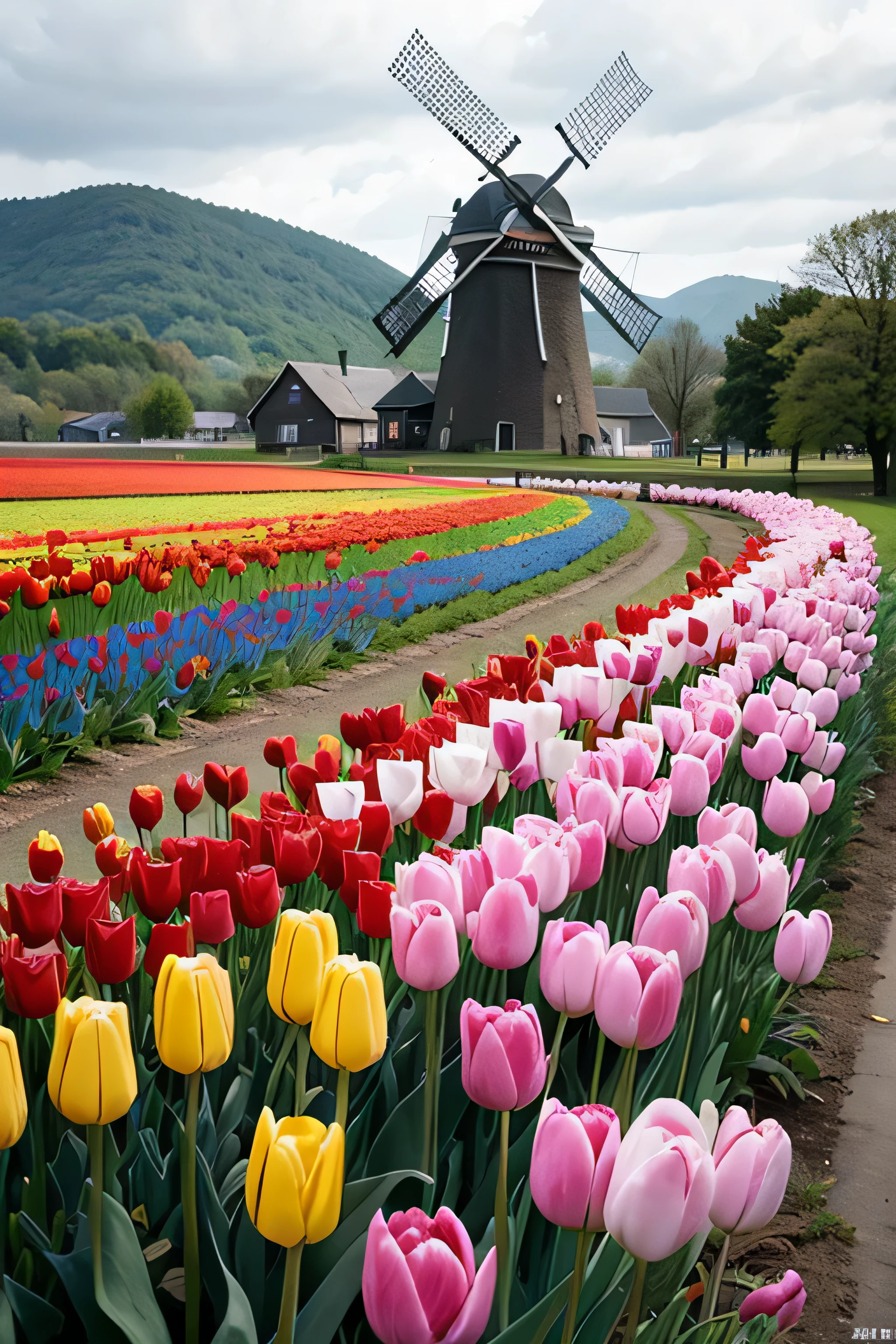 dutch windmill tulip、Tulips are blooming both in the mountains and on the plains....，row by row，One by one，The plains are full of tulips，overlook，far off，real photos，colorful colorful，色彩鲜艳real photos、white、yellow、