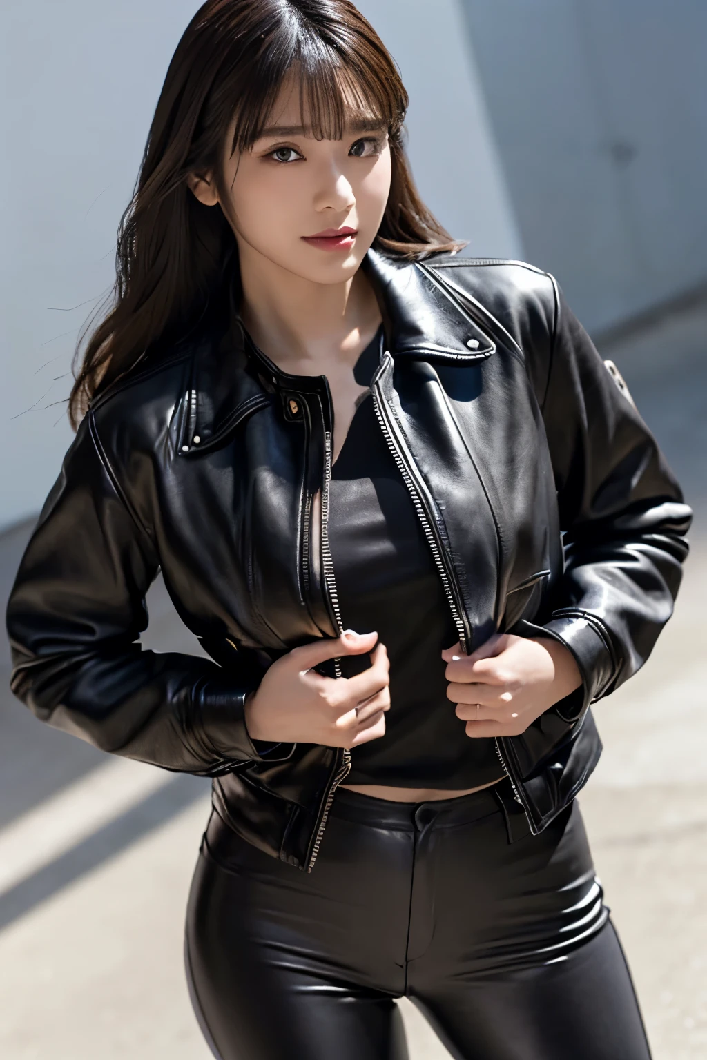 masutepiece, Best Quality, Illustration, Ultra-detailed, finely detail, hight resolution, 8K Wallpaper, Perfect dynamic composition, ((close up:1.3, from above, lookin at viewer)), Beautiful detailed eyes , (wearing leather jacket, , leather pants, color base on white black)