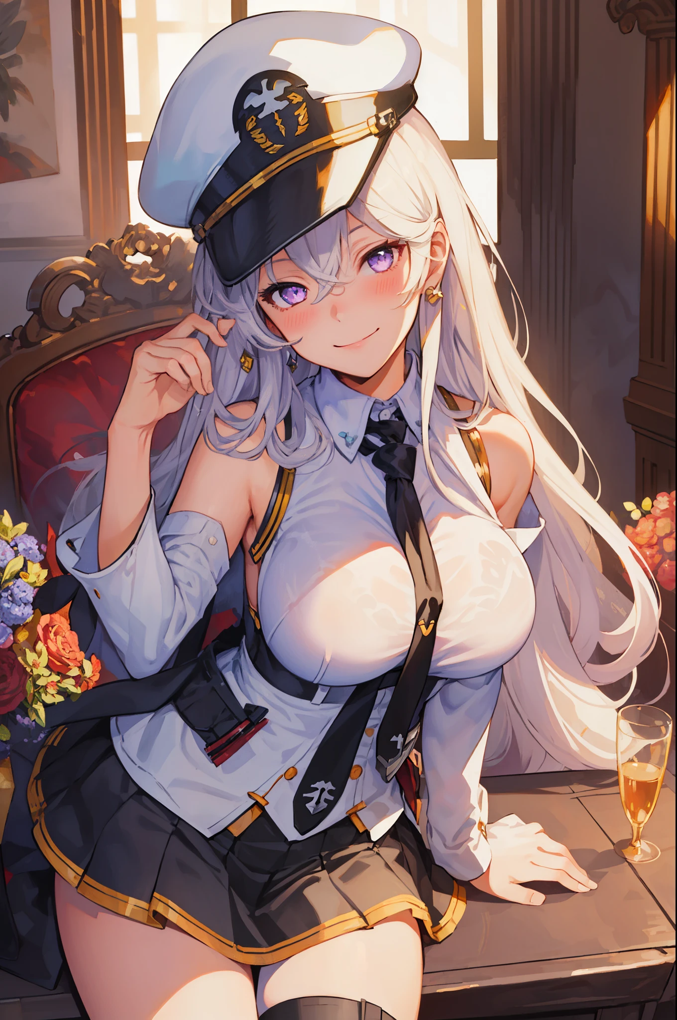 (best quality:1.3), (masterpiece:1.3), (illustration:1.3), (ultra-detailed:1.3), (imid shot:0.9), 1girl, enterprise azurlane, long hair, purple eyes, white hair, breasts, hat, bangs, large breasts, sleeveless, necktie, smile, black necktie, blush, hair between eyes, black skirt,