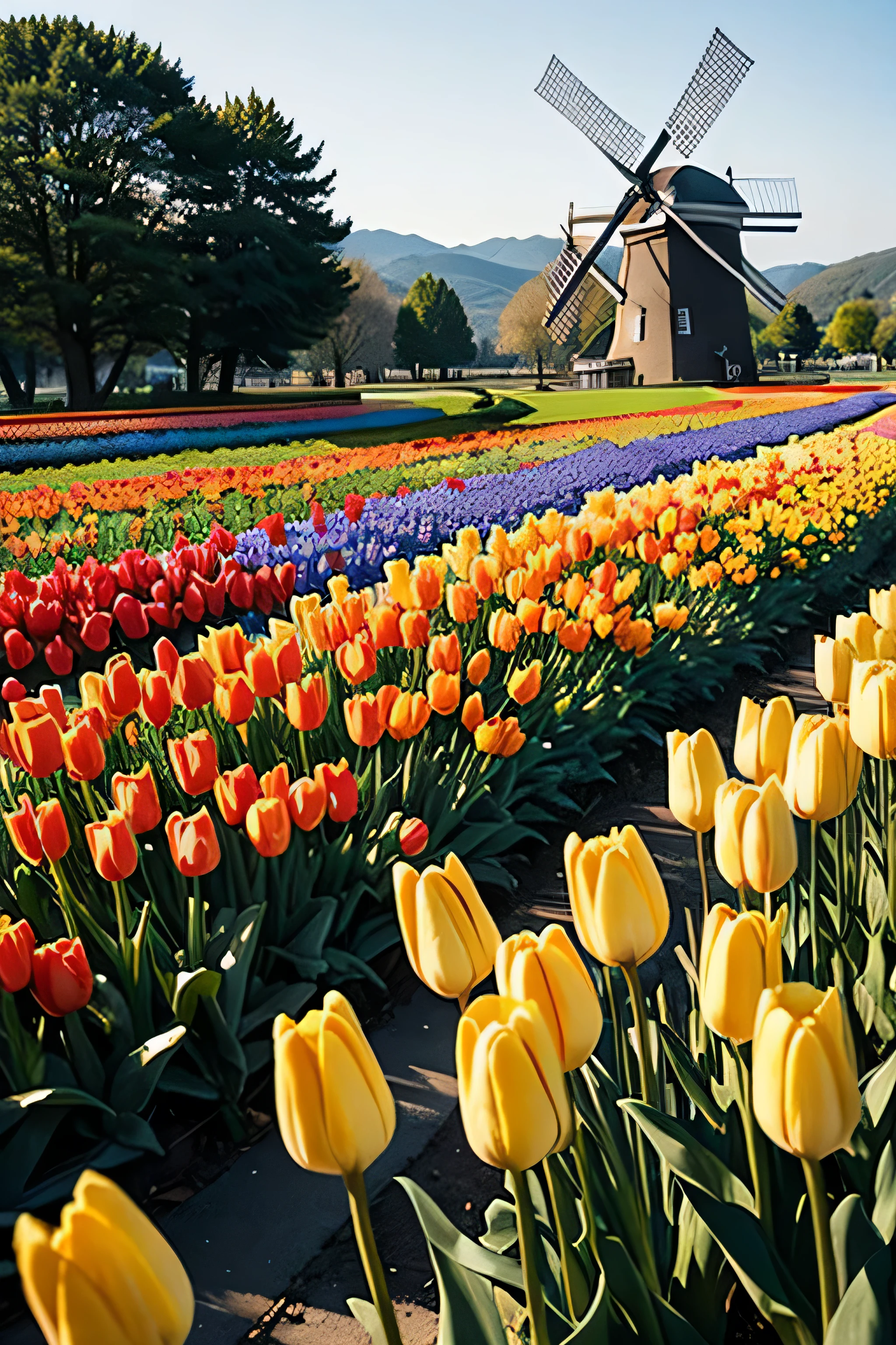 dutch windmill tulip、Tulips are blooming both in the mountains and on the plains....,row by row,One by one,The plains are full of tulips,overlook,far off,real photos,colorful colorful,色彩鲜艳real photos、white、yellow、