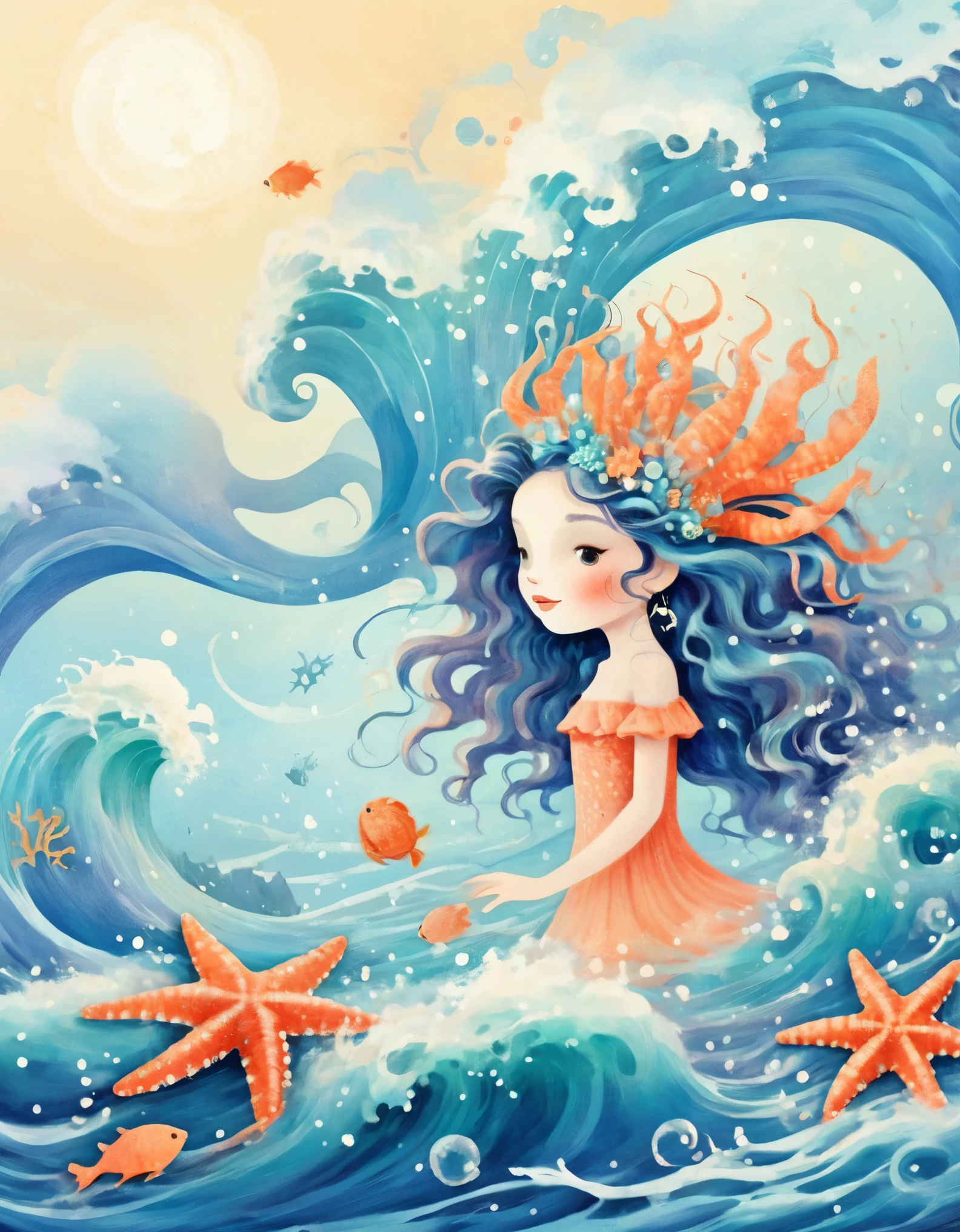 Digital Illustration Art, A comical illustration of a girl dancing with the waves with her extra long head adorned with blue waves, small crabs, coral, starfish, jellyfish, small fish, etc., (full body), her hair consists of many waves and small fish, coral, starfish, jellyfish, etc., with the sea and the blue moon in the background, (the background blends in with the ***********'s hair), wrapped around on both sides, evokes the charm of the enchanting ocean, white background,. Chinese calligraphy whimper, vivid Ferdinand du Puigaudeau, Victor nizovtsev, glitter, reflections, optimal digital, 8K, high definition, high resolution, double exposure, beautiful digital illustration, Eyvind Earle style, fine details，in style of Paul Signac, beautiful details