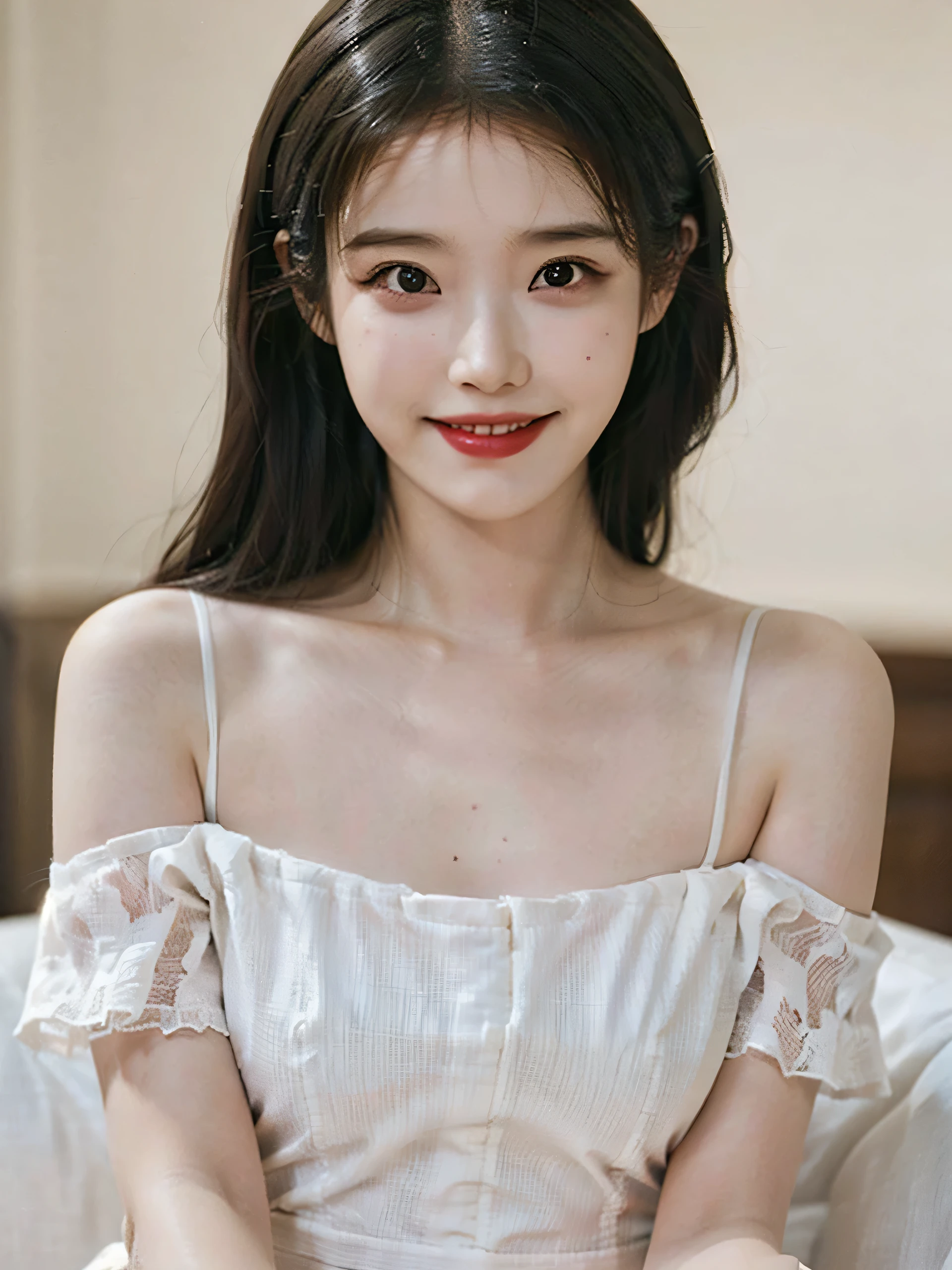 Winning photo, (lifelike:1.3), original photo, best quality, Very detailed, ridiculous, golden ratio, masterpiece, 8K, 极其lifelike脸, 1 girl, beautiful symmetrical eyes, Highlight lip, (smile at the audience:1.3), (Off-the-shoulder strapless dress), (deep understanding), (IU1)