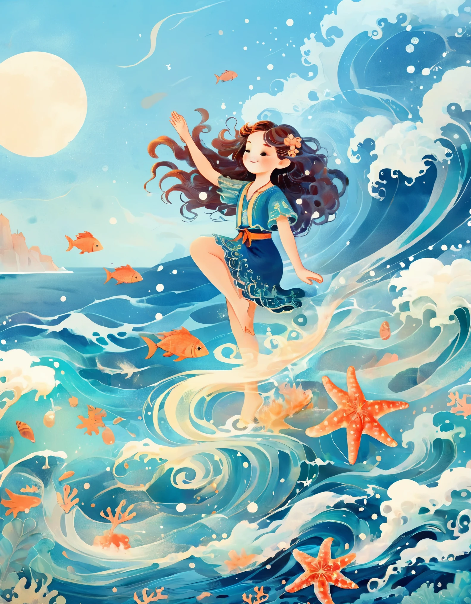 Digital illustration art, a funny illustration of a girl dancing and spinning with the waves, with extra long hair decorated with blue waves, small crabs, coral, starfish, jellyfish, small fish, (full body), her hair consists of many waves and small fish, coral, starfish, jellyfish, etc., with a background of the sea and the blue moon, (the background is blended with the ***********'s hair), evokes the charm of the enchanting ocean, white background, Chinese calligraphy whimpering, vivid Ferdinand du Puigaudeau, Victor nizovtsev, shimmering, reflective, optimal digital, 8K, high definition, high resolution, double exposure, beautiful digital illustration, Eyvind Earle style, fine details