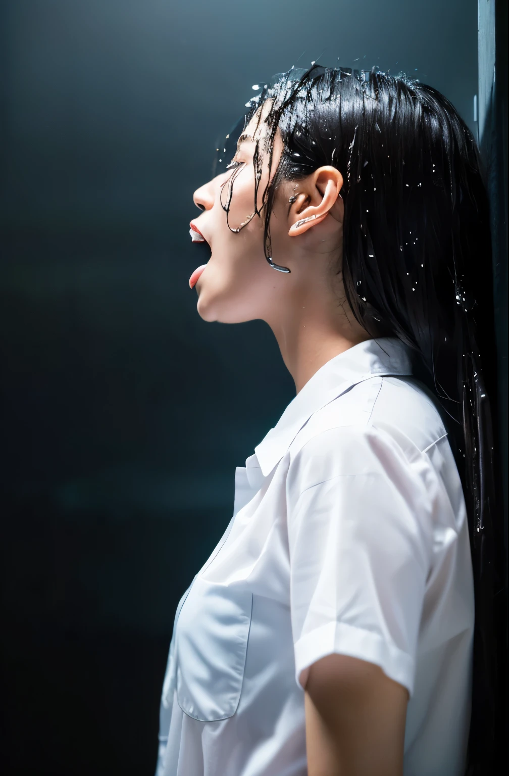 (realistic: 1.4), highest quality, very delicate and beautiful, High resolution, beautiful lighting, ((nothing on the dark background))))), 1 girl, Tifa_lock heart, Upper body, Ahegao, lower breast, shoulder, belly button, (white shirt: 1.5), black hair, long hair, elbow bag, beautiful detailed red eyes, face light, From the side, (profile, close: 1.5), ( Leaning into the anime-like yet realistic darkness of adulthood.), (arms tied behind one's back), (Installation position), (Upper body), (screaming, fear, Are crying: 1.4), (kiss the camera), (feel uncomfortable, Open your mouth to the limit, :1.5), (heavy tears, tears), (look up), (look overhead), wet eye makeup, perfect face, (highly detailed eyes, nose mouth, tongue), (ask for forgiveness), (( A large amount of white translucent viscous liquid splatters, skin is wet)), Profuse drool