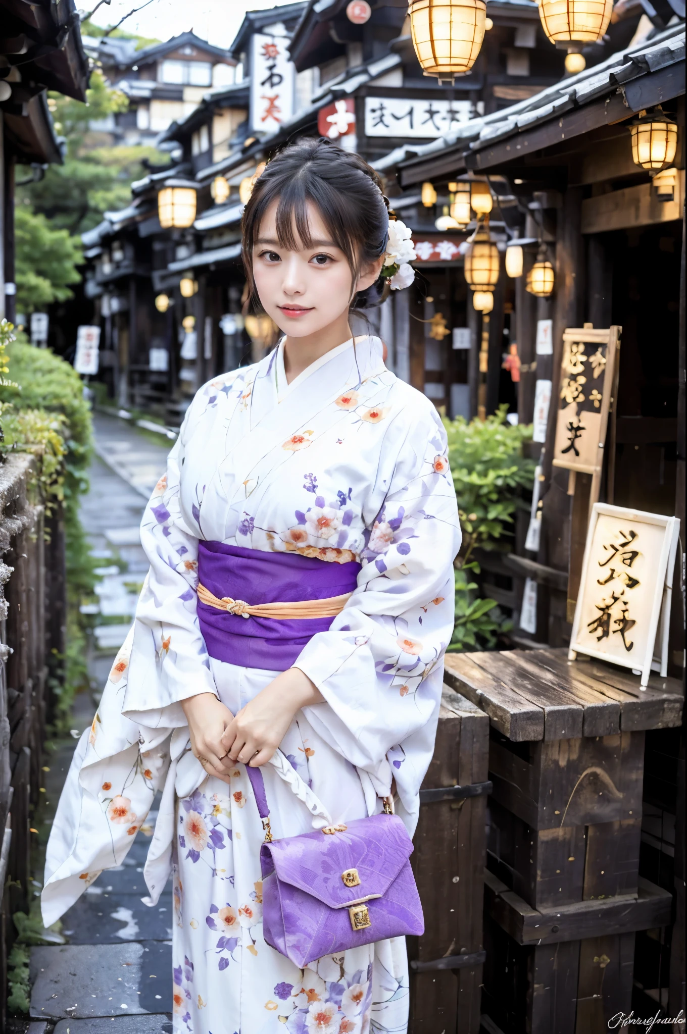 (16k), (highest quality: 1.2), (realistic), (realistic: 1.37), super detailed, professional lighting, Ref version, Araffe woman in white kimono with purple purse and purple purse, kimono, elegant yukata, kimono, royal kimono, yukata, Haori, wearing Japan kimono, Japanese style, Wearing a colorful yukata, pale colored kimonofemale, kimono, japanese women, traditional japanese