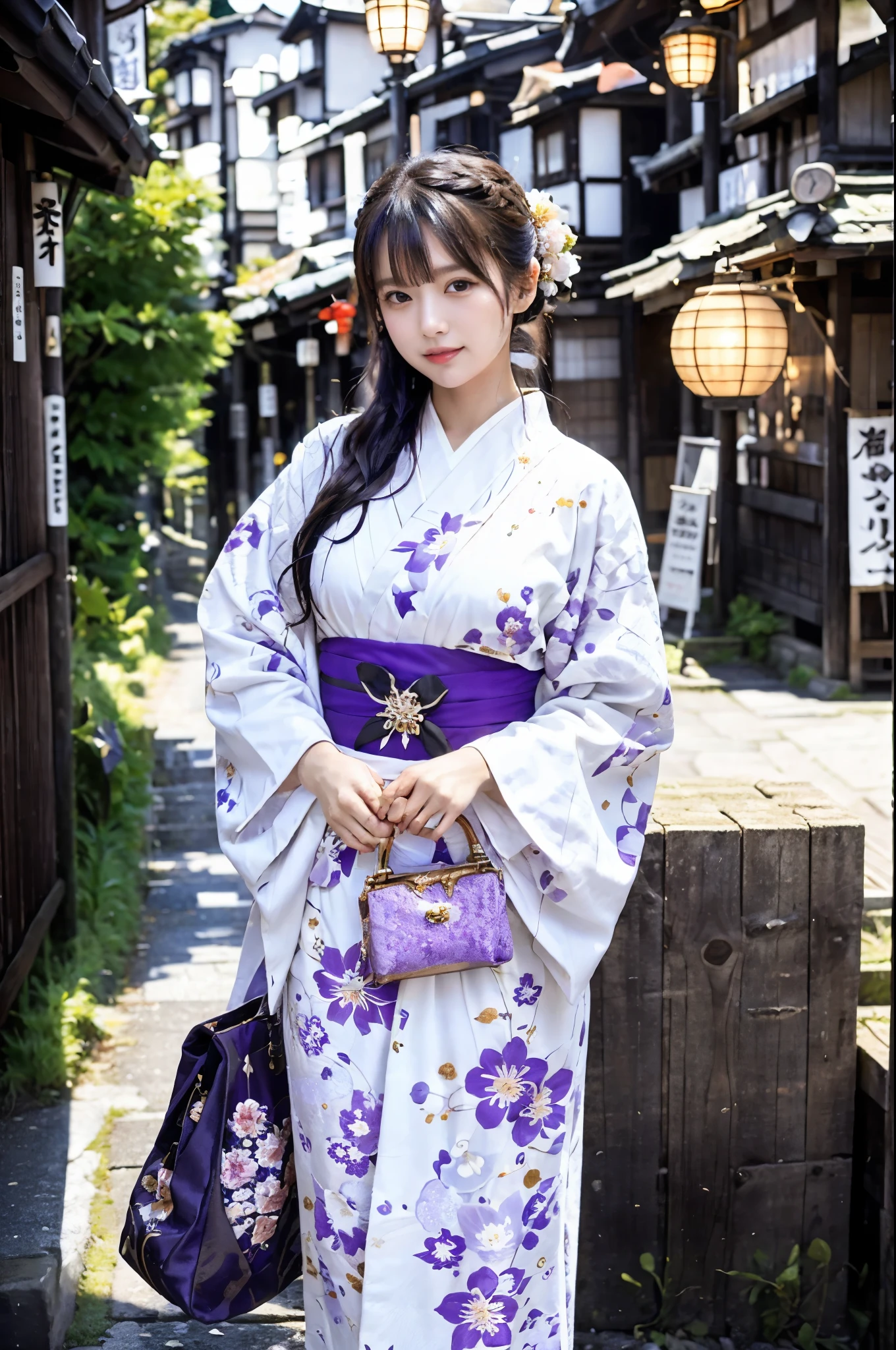 (16k), (highest quality: 1.2), (realistic), (realistic: 1.37), super detailed, professional lighting, Ref version, Araffe woman in white kimono with purple purse and purple purse, kimono, elegant yukata, kimono, royal kimono, yukata, Haori, wearing Japan kimono, Japanese style, Wearing a colorful yukata, pale colored kimonofemale, kimono, japanese women, traditional japanese