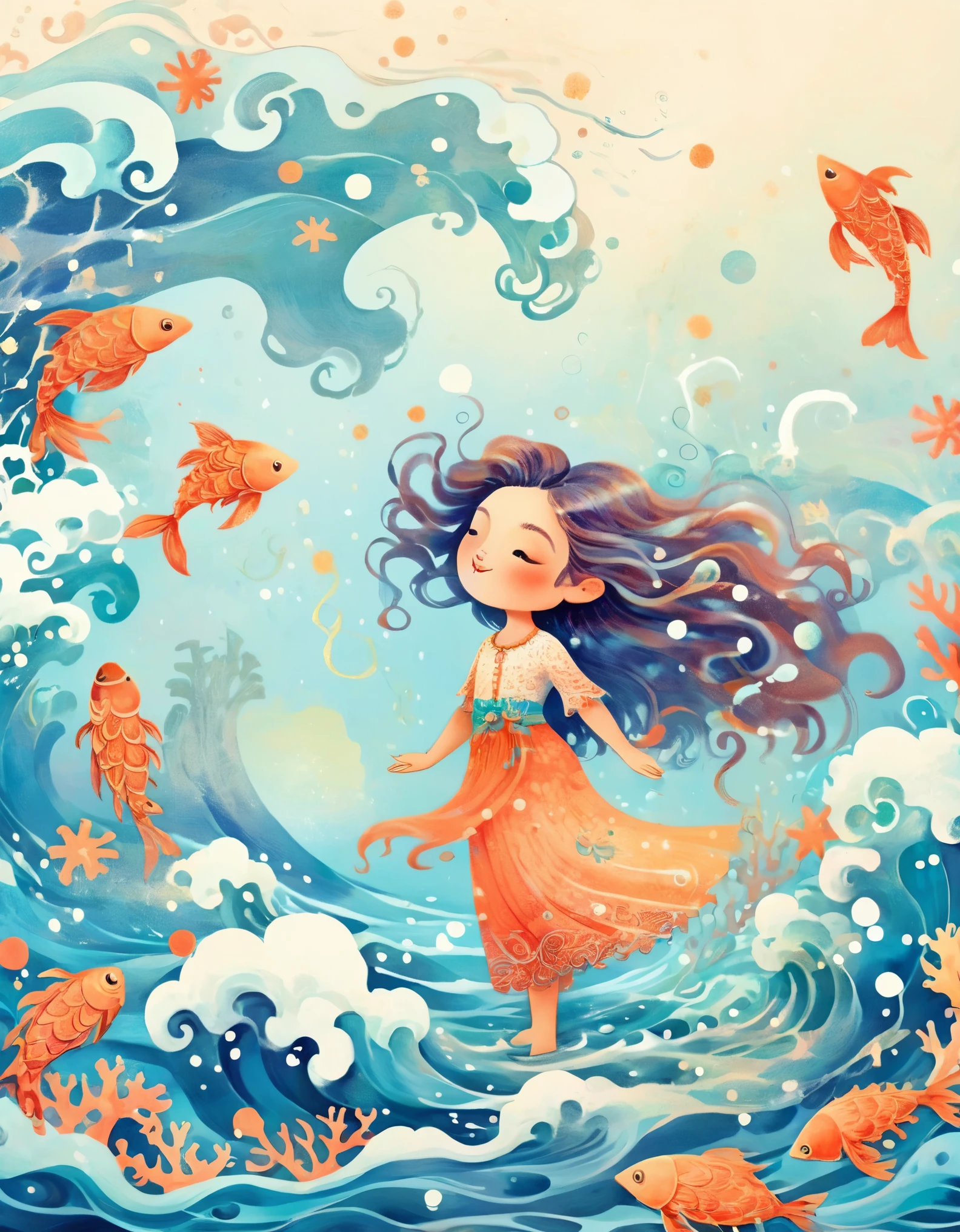 Digital Illustration Art, A comical illustration of a girl dancing with the waves with her extra long head adorned with blue waves, small crabs, coral, starfish, jellyfish, small fish, etc., (full body), her hair consists of many waves and small fish, coral, starfish, jellyfish, etc., with the sea and the blue moon in the background, (the background blends in with the little girl's hair), wrapped around on both sides, evokes the charm of the enchanting ocean, white background,. Chinese calligraphy whimper, vivid Ferdinand du Puigaudeau, Victor nizovtsev, glitter, reflections, optimal digital, 8K, high definition, high resolution, double exposure, beautiful digital illustration, Eyvind Earle style, fine details，in style of Paul Signac, beautiful details