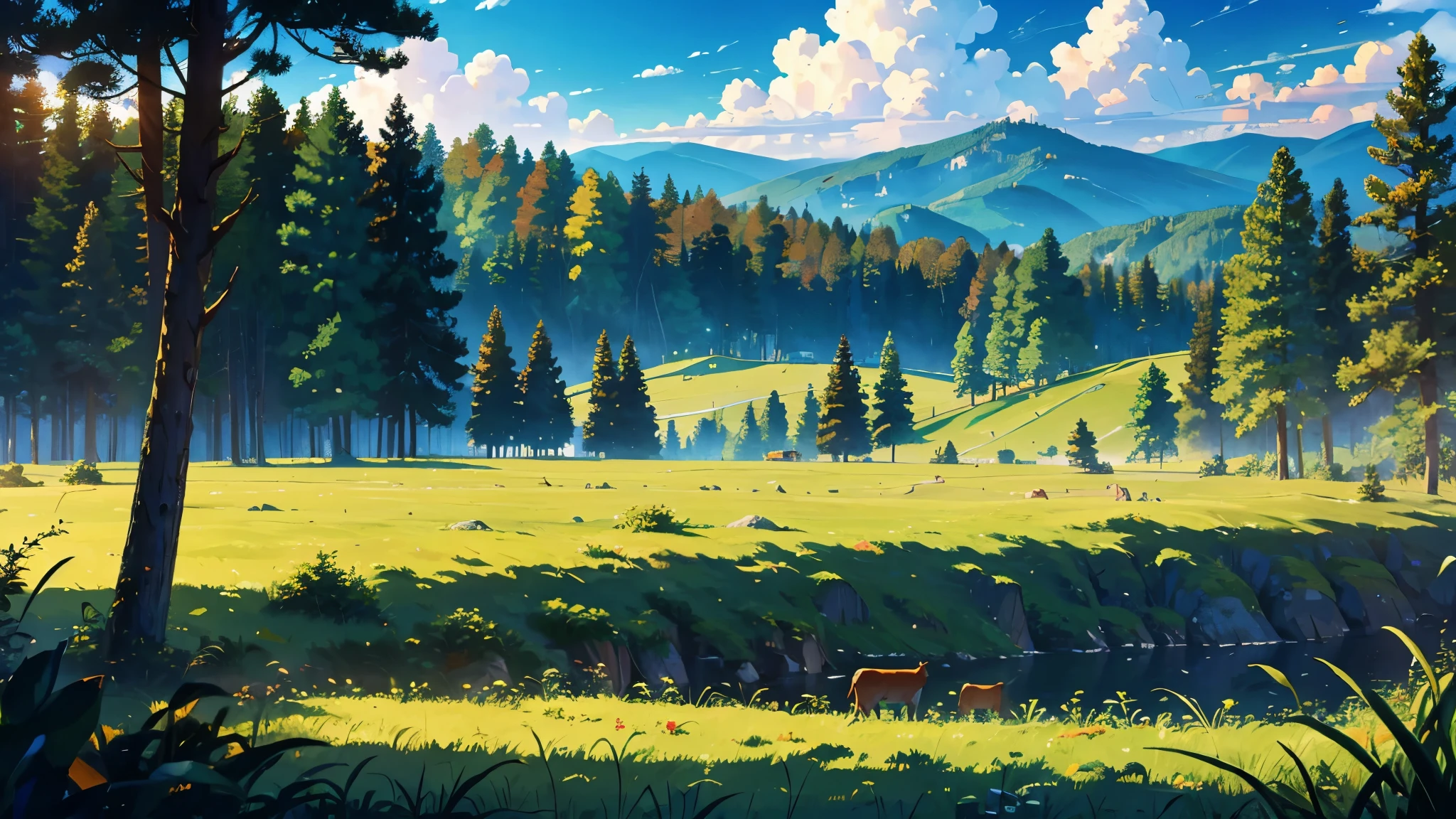 cow,
BREAK (masterpiece, best quality:1.2), outdoors, nature, forest, pines, grass, tall grass, detailed grass, plants, day, clouds,
