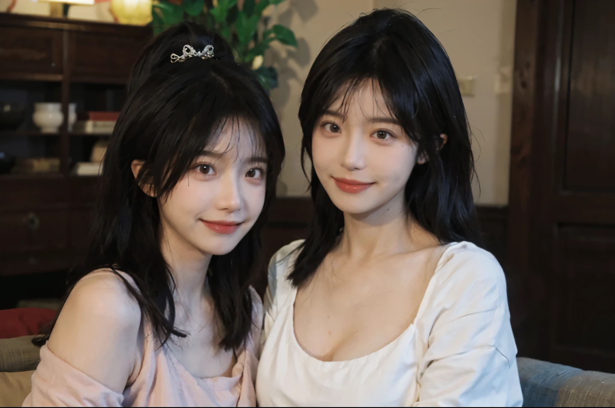 best quality, ultra high resolution, (realistically:1.4), a girl, A pair of clear and charming peach blossom eyes,Royal sister,(Full body female love:1.2)a sense of atmosphere,a beautiful girl, Smile,(huge tits:1.2), looking at the audience, Close-up cleavage ,Home,