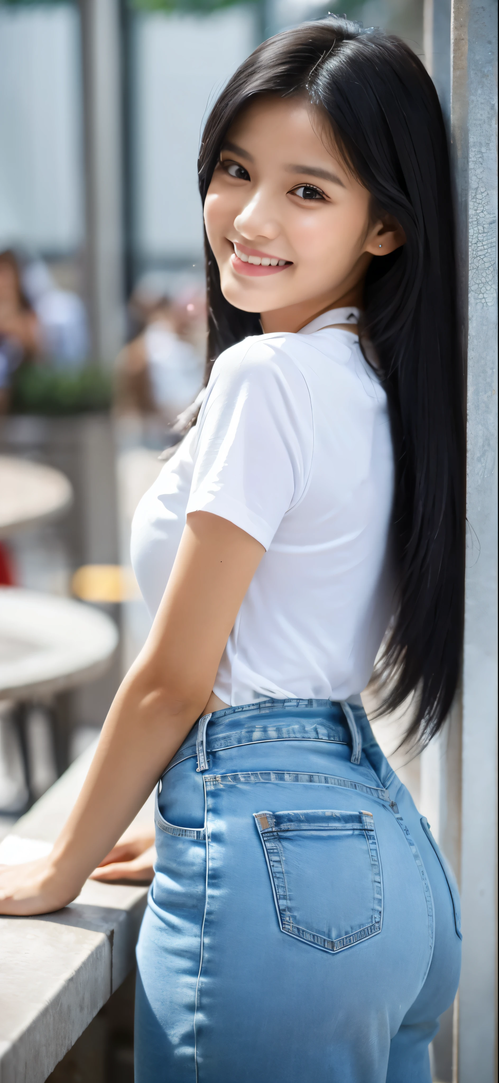 1 girl, indonesian girl, (black hair semi-long)(beautiful hair), actress, smile, shiny skin, best quality, masterpiece, (photorealistic:1.4), terrace seating, Europe, France, Paris, denim mini skirt (realistic fabric), white short sleeves (cotton fabric), (no logo), thin fingers