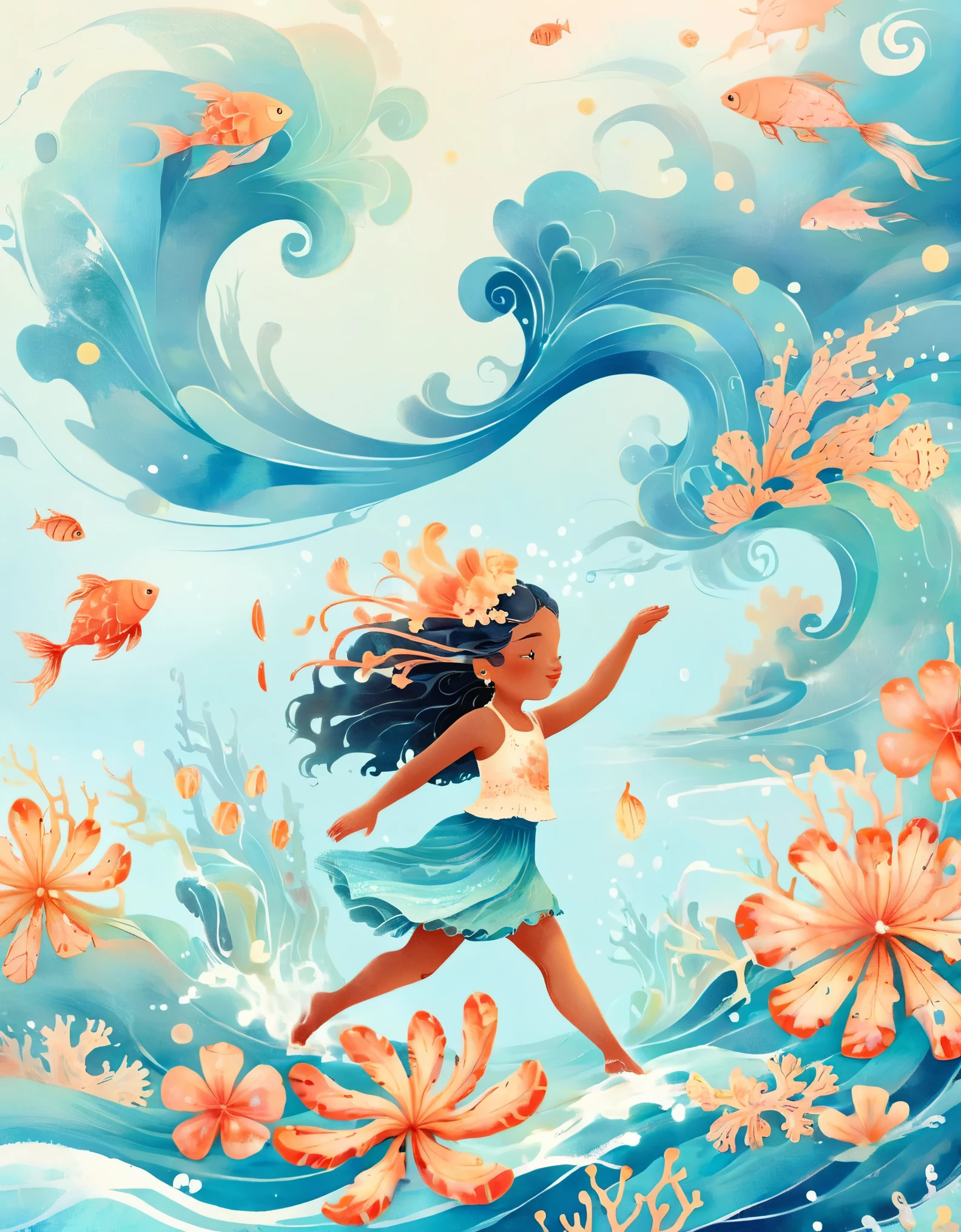 Digital Illustration Art, A comical illustration of a girl dancing with the waves with her extra long head adorned with blue waves, small crabs, coral, starfish, jellyfish, small fish, etc., (full body), her hair consists of many waves and small fish, coral, starfish, jellyfish, etc., with the sea and the blue moon in the background, (the background blends in with the ***********'s hair), wrapped around on both sides, evokes the charm of the enchanting ocean, white background,. Chinese calligraphy whimper, vivid Ferdinand du Puigaudeau, Victor nizovtsev, glitter, reflections, optimal digital, 8K, high definition, high resolution, double exposure, beautiful digital illustration, Eyvind Earle style, fine details