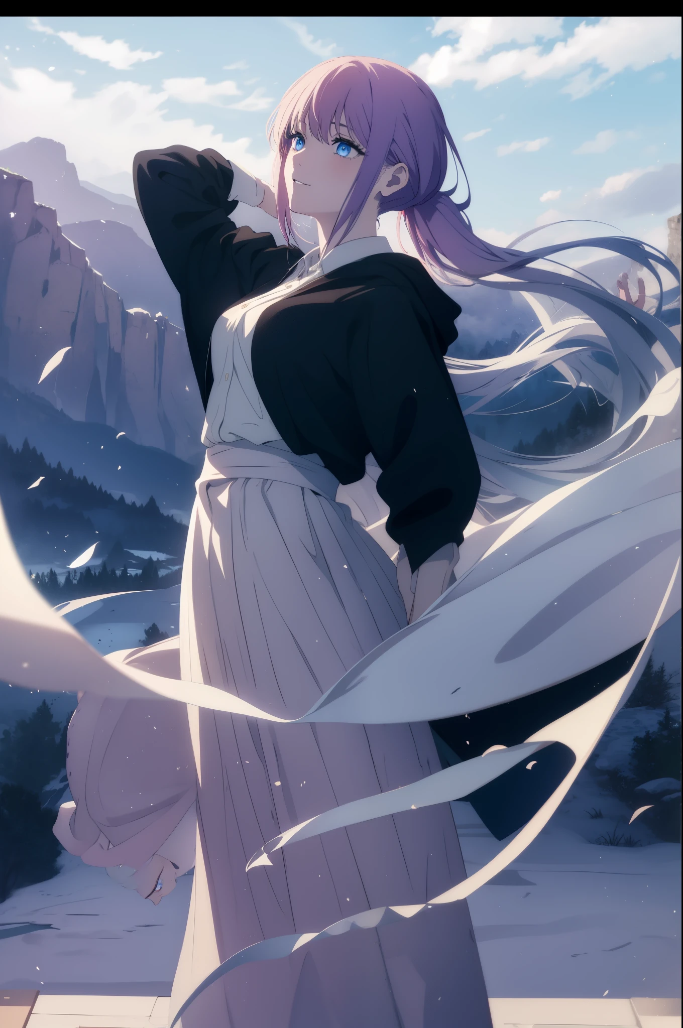 ponytail(1.2)、(((ponytail)))、long hair, blue eyes, hair between eyes, break skirt, shirt,Whiteroom、white snow day、destroy bedroom (masterpiece:1.2), highest quality, High resolution, unity 8k wallpaper, (figure:0.8), (detailed and beautiful eyes:1.6), highly detailed face, perfect lighting, Very detailed CG, (perfect hands, perfect anatomy)、yoga pose、Warm look、blush、dancer、smile、Smile、show your teeth、open your mouth、(((fantastic scenery)))、A skyscape inspired by artists(1.2)