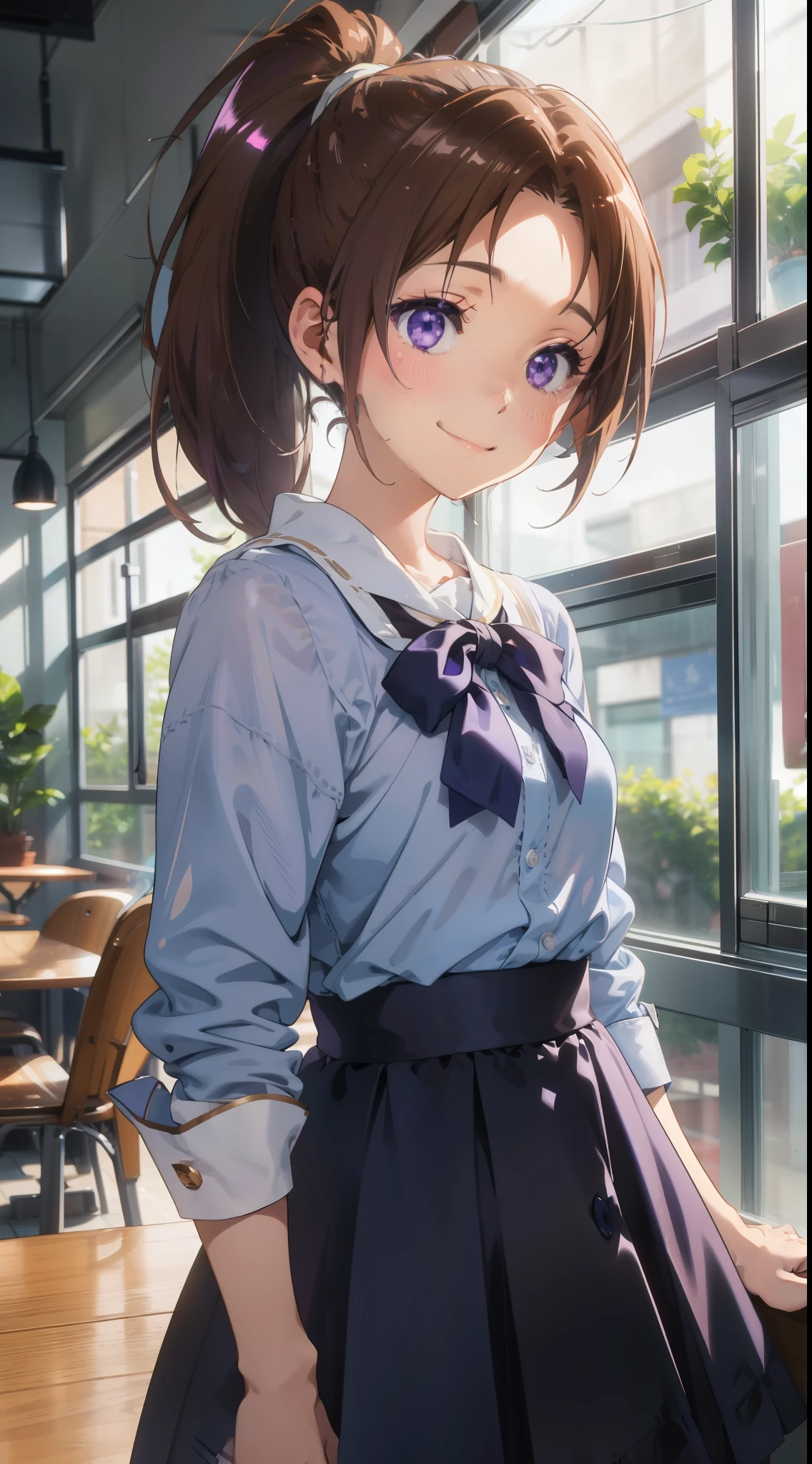 1 girl、(perfect face)、brown hair ponytail、purple eyes、Clothes based on white color、blue skirt、comfortable、Calm、indoor、Morning Cafe、Shiny and smooth skin、smile, smile, expressive eyes, cute,