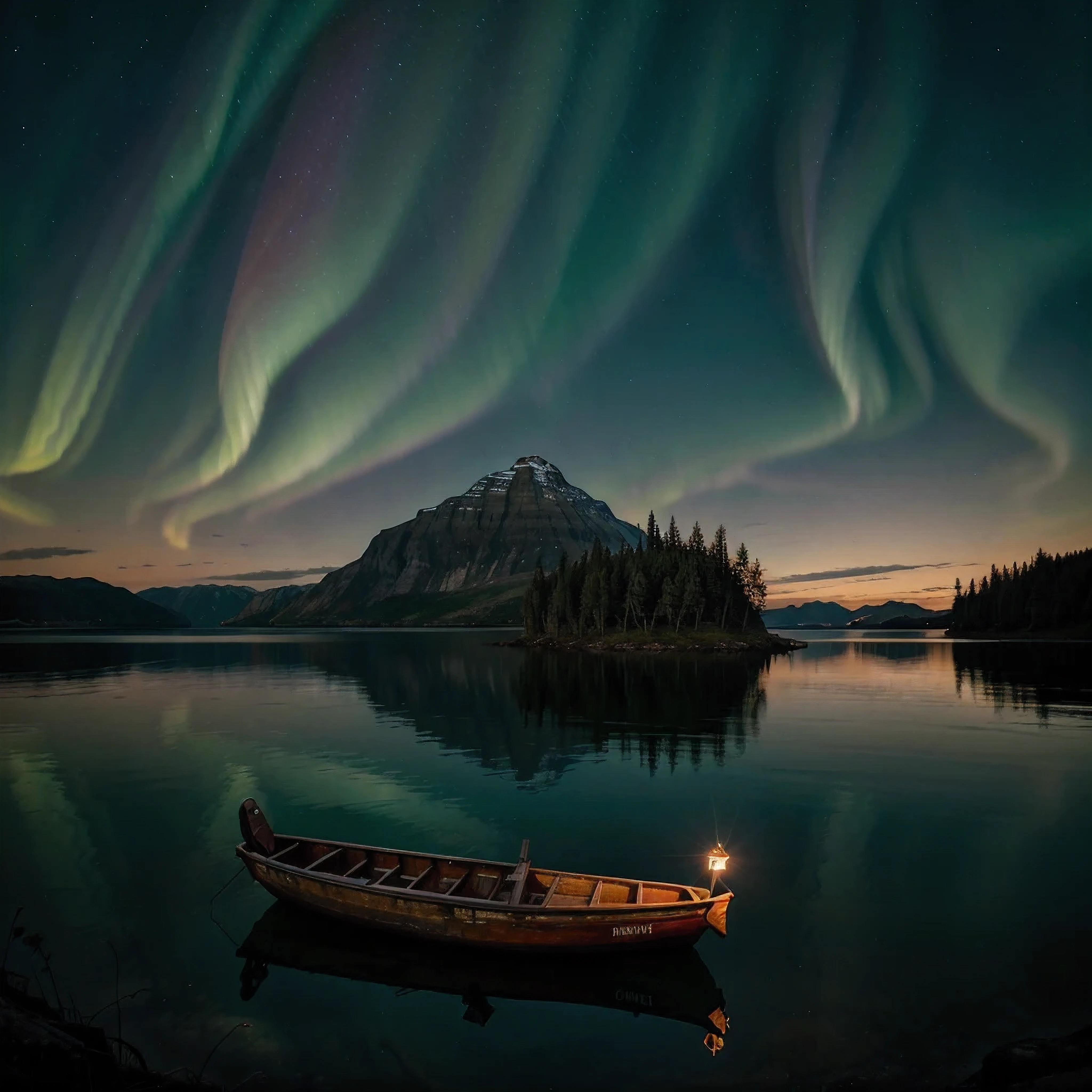 lonely fisherman boat in the middle of a magical lake with bright reflections, com uma lanterna. night scene with magical northern lights. cena minimalista