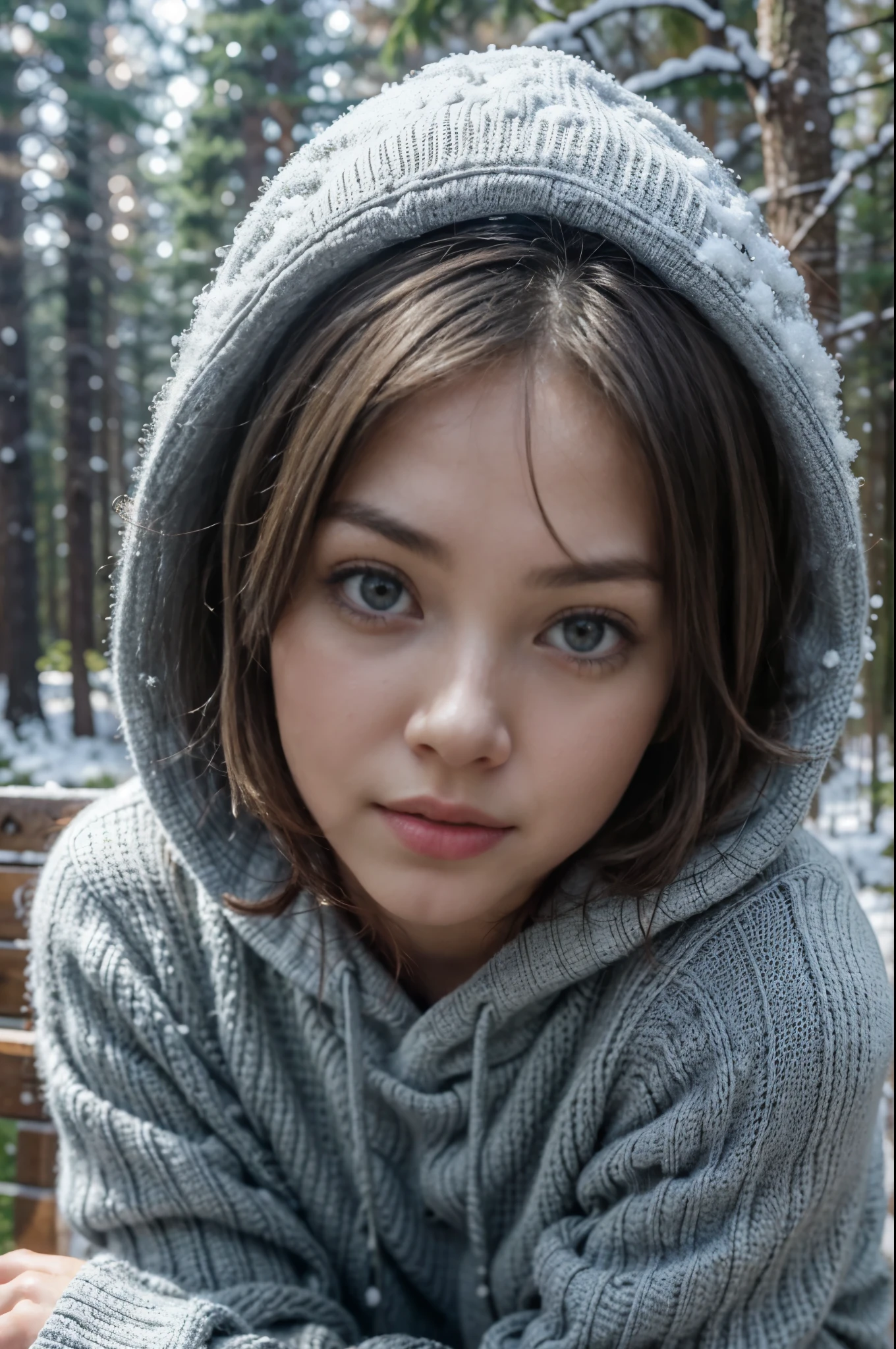 Photorealistic, (close up:1.2), low angle, (seen from below:1.1), a japanese young girls with hood, (long sleeve sweater:1.2, long jeans), a hyperrealistic beautiful young girls with grayish blue eyes, natural sagging breast, high detailed official artwork, beautiful girls with slim fit body and busty posture, attractive young girls (seductive poses:1.3, crossed arm hold on the breast), at bench in the natural forest with (snow:1.2), natural background, dubnitskiy david fanart, realistic portrait, smooth photorealistic, perfect visual of a cute girls, cute girls with skinice soft face, look at viewers, makoto shinkai and artgerm, photon mapping, natural light, warm color tones, vivid colors, playful ambient, foggy atmosphere
