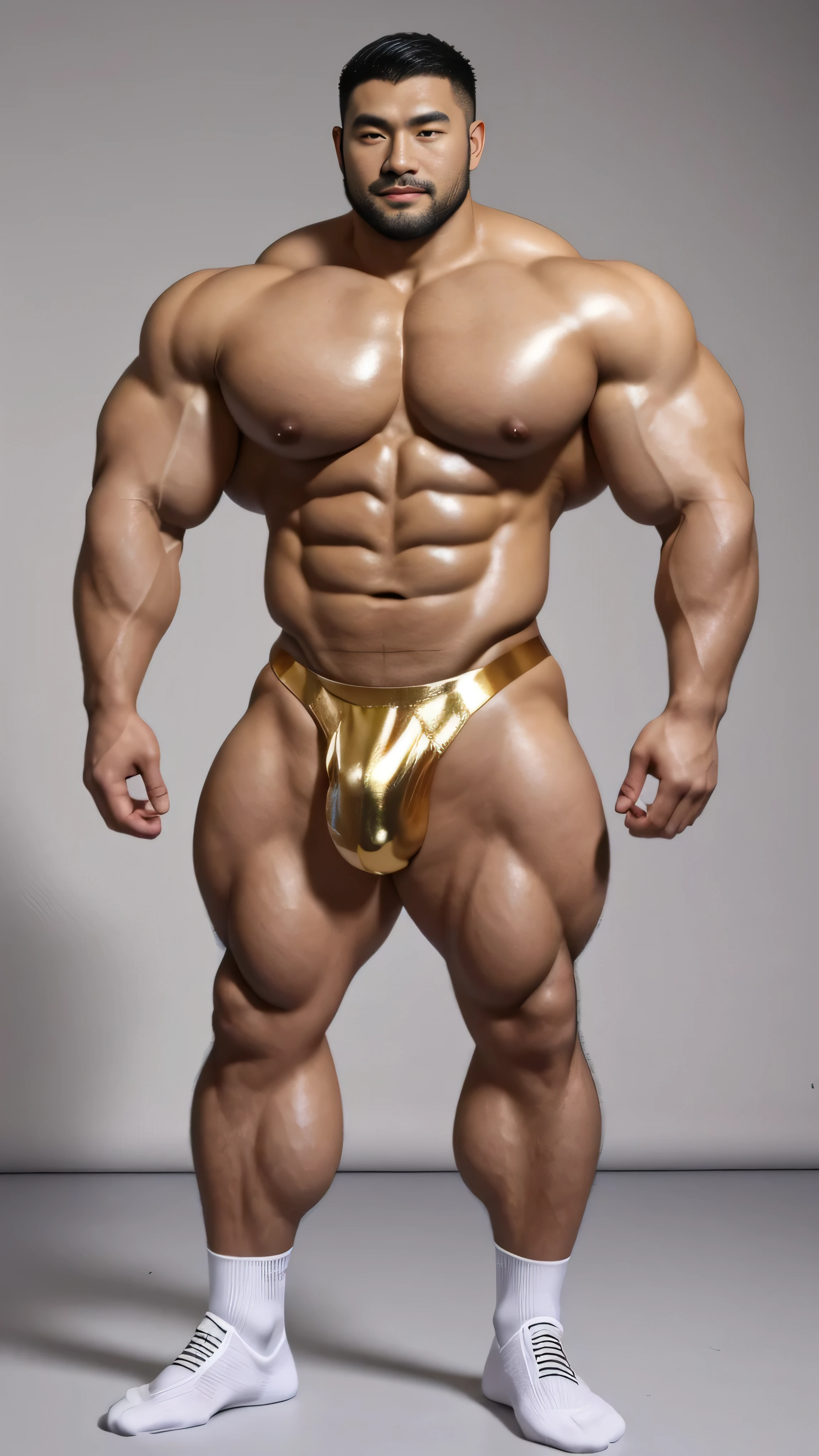 a chinese bodybuilder,30 years old,Tall and handsome, Toned body,short hair, O-shaped beard,Perfect body, Dark and shiny complexion,smooth skin,The body is hairless,Muscle bulge, muscular, Very big pecs,Very sexy abs,Leg muscles are very developed,Huge bumpy area,Brighten oily skin,Wearing a gold leather shiny thong,handsome face, Correct and accurate male body proportions, full-body shot, shiny muscular skin,wear white socks,standing in front of gray background board。