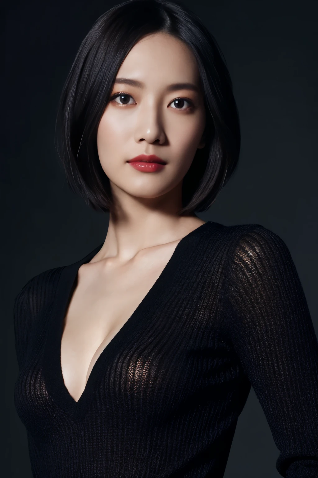 8K image, highest quality, masterpiece, realistic, realistic, High resolution, ray tracing, 1 sexy woman, dark sweater, well-shaped chest, detailed skin texture, short cut hair, straight hair, (view audience)