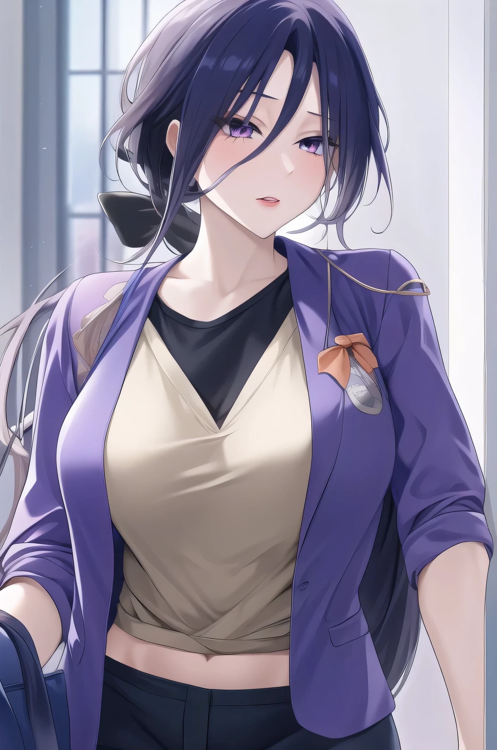 masterpiece, best quality, high quality, highres, absurdres, ultra-detailed, best anatomy, detailed eyes, perfect eyes, slim body, slim legs, akito_agito, long hair, purple eyes, eyepatch, purple hair, 1girl, solo, orange hoodie, baggy pants, white pants, very sexy breasts, black sneakers, upper body, portrait, Pretending to struggle with an invisible wind,  