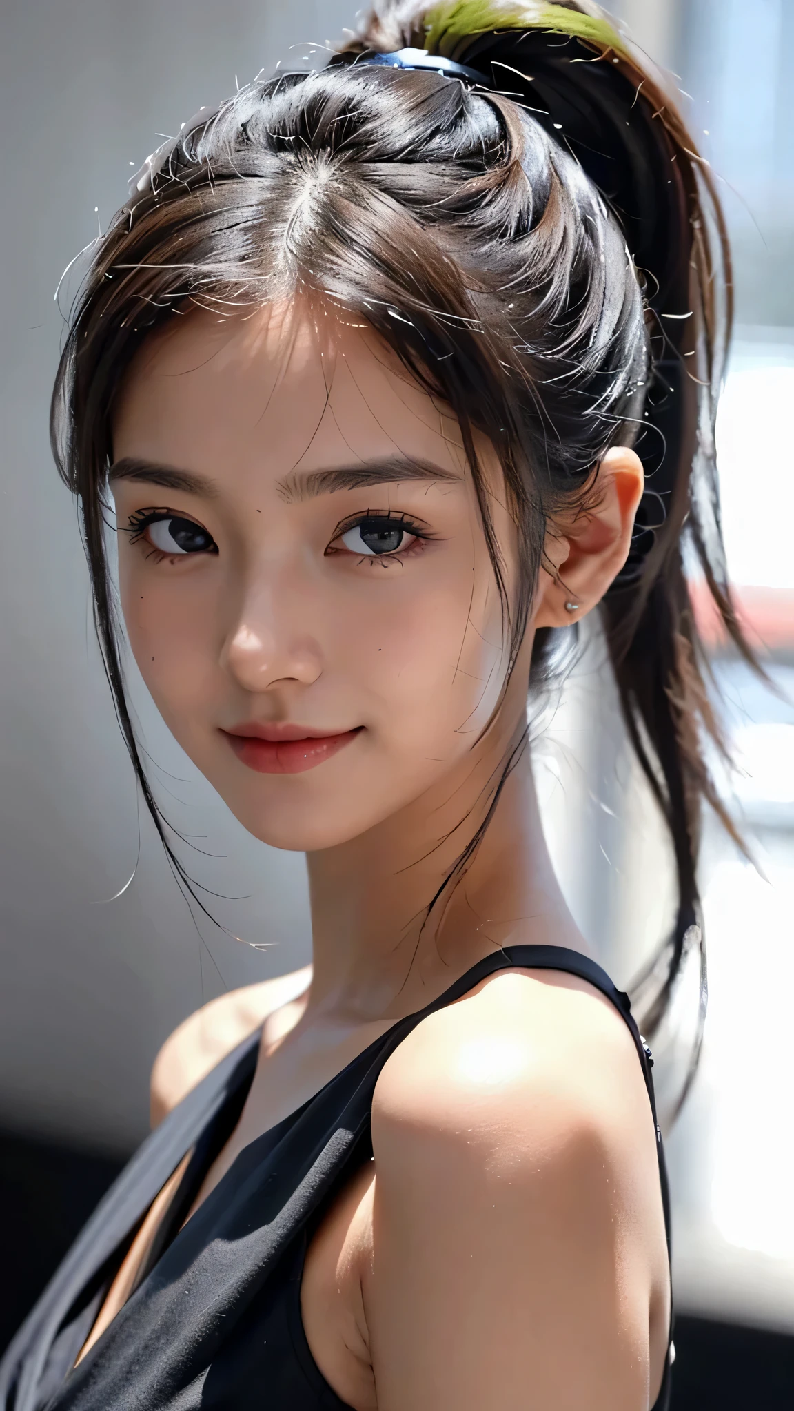 One woman,fully body photo,masutepiece, The highest image quality, High quality, the background is clear，Beautiful woman, Japanese, Detailed, Detailed eyes, Detailed skin, Beautiful skin, 超hight resolution, (reality: 1.4),Very beautiful woman, Slightly younger face, Beautiful skin, slender, (Ultra photo realsisim), (hight resolution), (8K), (Very detailed) (beautifully detailed eyes), (super detailed),   (Detailed face), view the viewer, Fine details, Detailed face, Staring straight ahead, Staring straight ahead, photos realistic, Bright lighting, Professional Lighting, Black hair,poneyTail,a ,sixteen ye is ponytail,long ponytail hairstyle,smile,Orange colored long dress with lots of ruffles, softly shaped skirt,the street europian,standing on stage,have a microphone,close up of face