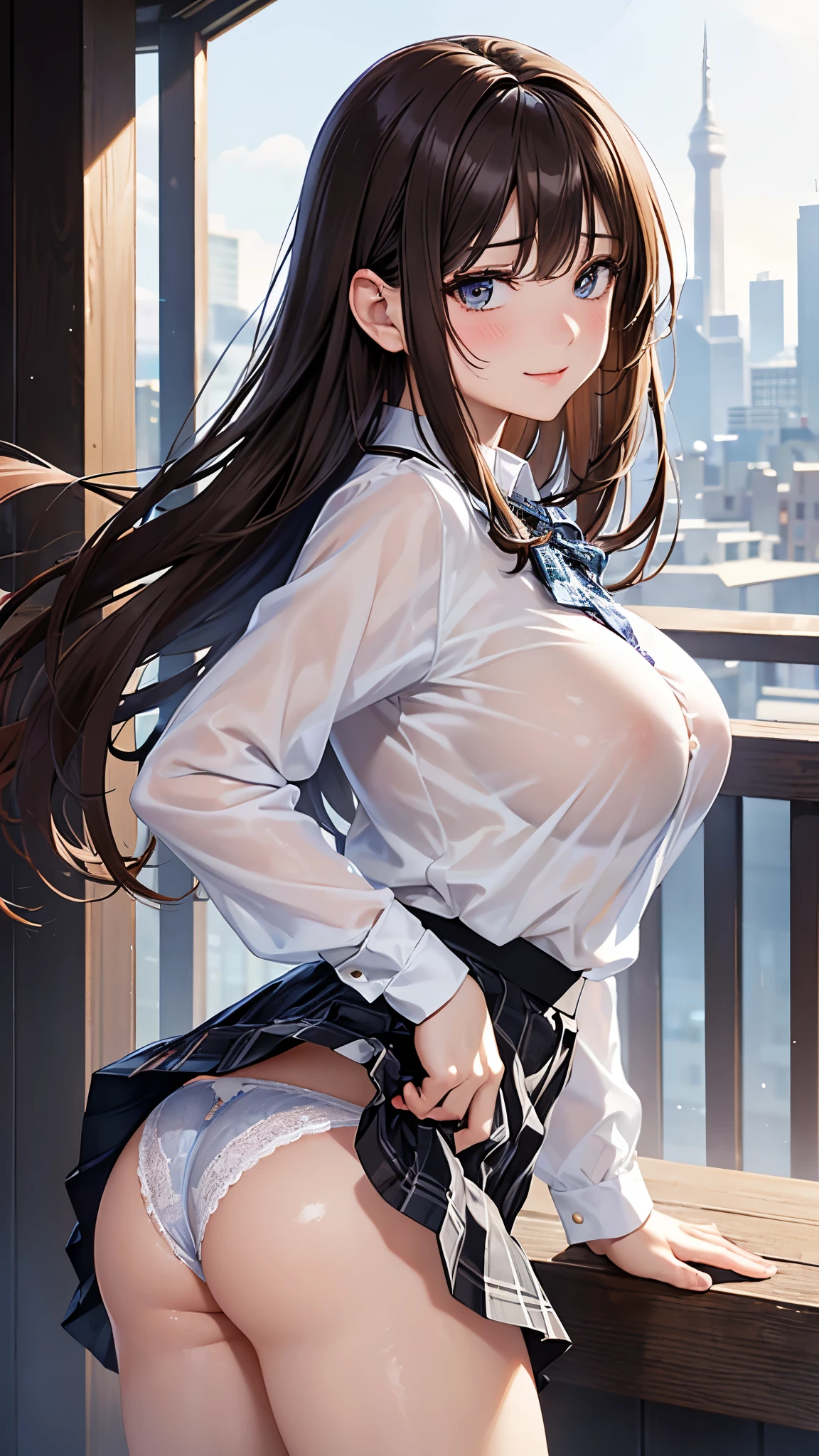 ((table top, highest quality, High resolution, perfect pixel, 4k))), 1 girl, single, alone, beautiful woman、I could see the whole body、 ((middle wave hair, bangs, brown hair)), ((brown eyes, beautiful eyelashes, realistic eyes)), ((detailed face, blush:1.2)), ((smooth texture:0.75, realistic texture:0.65, realistic:1.1, Anime CG style)), big breasts, dynamic angle, perfect body, ((black skirt, plaid skirt)), city stairs、Looking up from the bottom of the stairs、Very embarrassing panic smile, looked back、lean forward、(The wind flipped my skirt and exposed my butt.、touch your butt with both hands)、(((transparent white shirt、Light blue lace panties)))、transparent nipples、(Love juice dripping from the vagina)、sexually seducing me