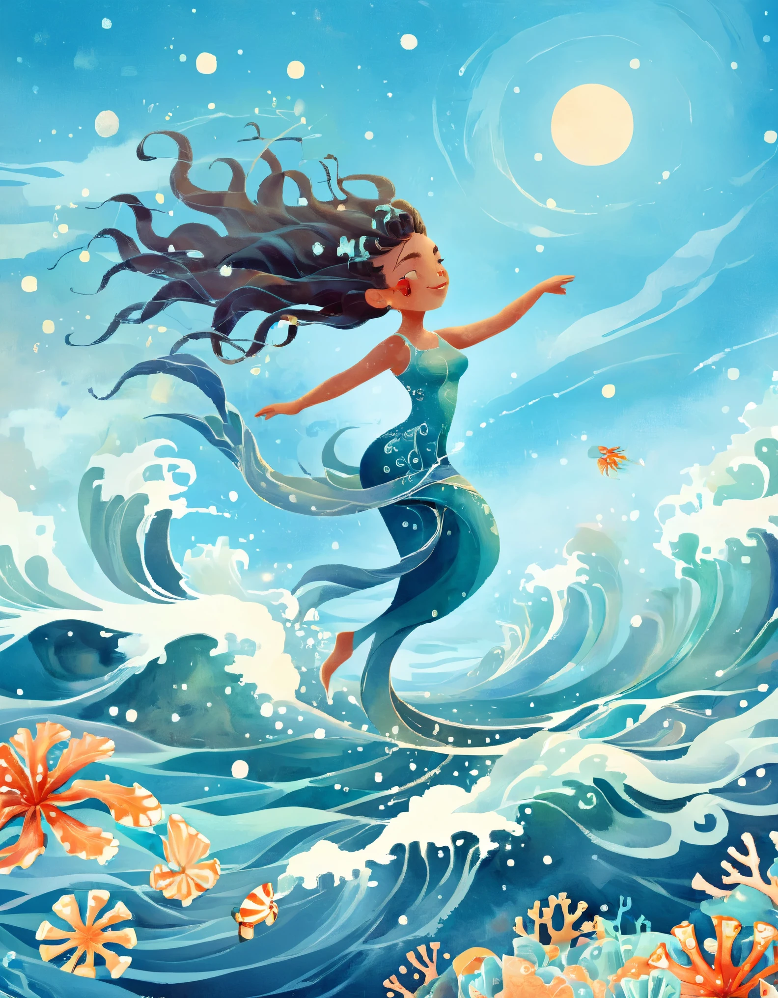 Digital Illustration Art, A comical illustration of a girl dancing with the waves with her extra long head adorned with blue waves, small crabs, coral, starfish, jellyfish, small fish, etc., (full body), her hair consists of many waves and small fish, coral, starfish, jellyfish, etc., with the sea and the blue moon in the background, (the background blends in with the  girl's hair), wrapped around on both sides, evokes the charm of the enchanting ocean, white background,. Chinese calligraphy whimper, vivid Ferdinand du Puigaudeau, Victor nizovtsev, glitter, reflections, optimal digital, 8K, high definition, high resolution, double exposure, beautiful digital illustration, Eyvind Earle style, fine details，in style of Paul Signac, beautiful details