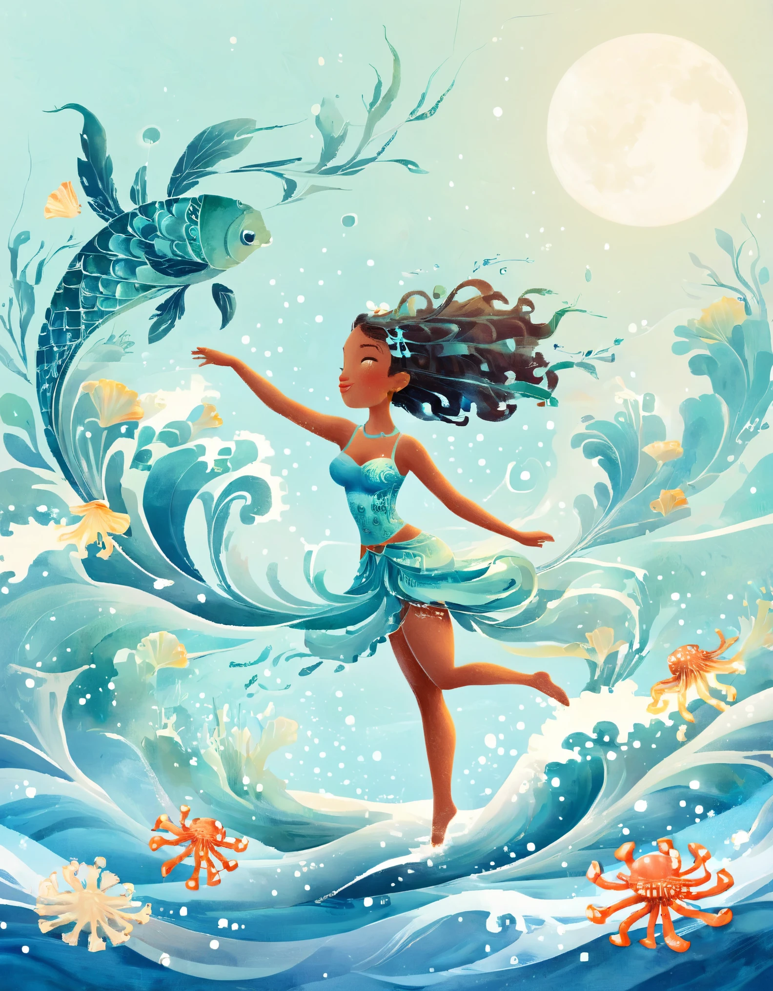 Digital Illustration Art, A comical illustration of a girl dancing with the waves with her extra long head adorned with blue waves, small crabs, coral, starfish, jellyfish, small fish, etc., (full body), her hair consists of many waves and small fish, coral, starfish, jellyfish, etc., with the sea and the blue moon in the background, (the background blends in with the ***********'s hair), wrapped around on both sides, evokes the charm of the enchanting ocean, white background,. Chinese calligraphy whimper, vivid Ferdinand du Puigaudeau, Victor nizovtsev, glitter, reflections, optimal digital, 8K, high definition, high resolution, double exposure, beautiful digital illustration, Eyvind Earle style, fine details，in style of Paul Signac, beautiful details