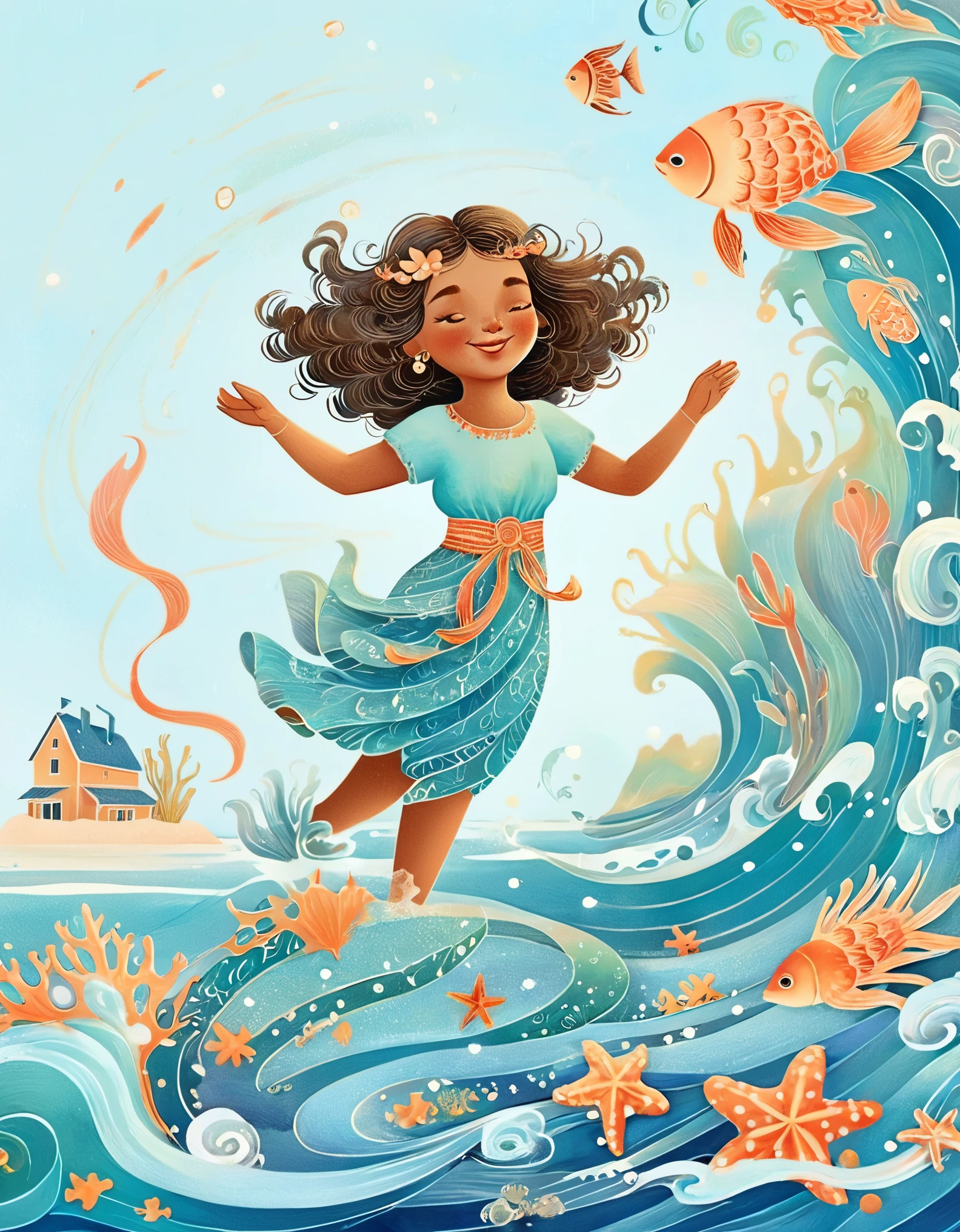 Digital Illustration Art, A comical illustration of a girl dancing with the waves with her extra long head adorned with blue waves, small crabs, coral, starfish, jellyfish, small fish, etc., (full body), her hair consists of many waves and small fish, coral, starfish, jellyfish, etc., with the sea and the blue moon in the background, (the background blends in with the ***********'s hair), wrapped around on both sides, evokes the charm of the enchanting ocean, white background,. Chinese calligraphy whimper, vivid Ferdinand du Puigaudeau, Victor nizovtsev, glitter, reflections, optimal digital, 8K, high definition, high resolution, double exposure, beautiful digital illustration, Eyvind Earle style, fine details，in style of Paul Signac, beautiful details