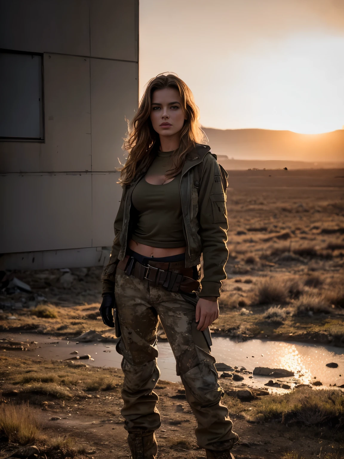 Masterpiece, an ultra hot gorgeous European woman, age23, She’s a playmate and men magazine supermodel. in a post-apocalyptic wilderness (medium shot photo:1.5), military pants, military kaki teeshirt, Badass, post-apocalyptic style, RAW, Dramatic lighting, Natural light, (medium shot photo:1.3), 8K, ultra high res.photorealistic:1.4, UHD, Phase one XF IQ4, 150 MP, post apocalyptic wilderness landscape in the background, (medium shot photo:1.2), backlight.