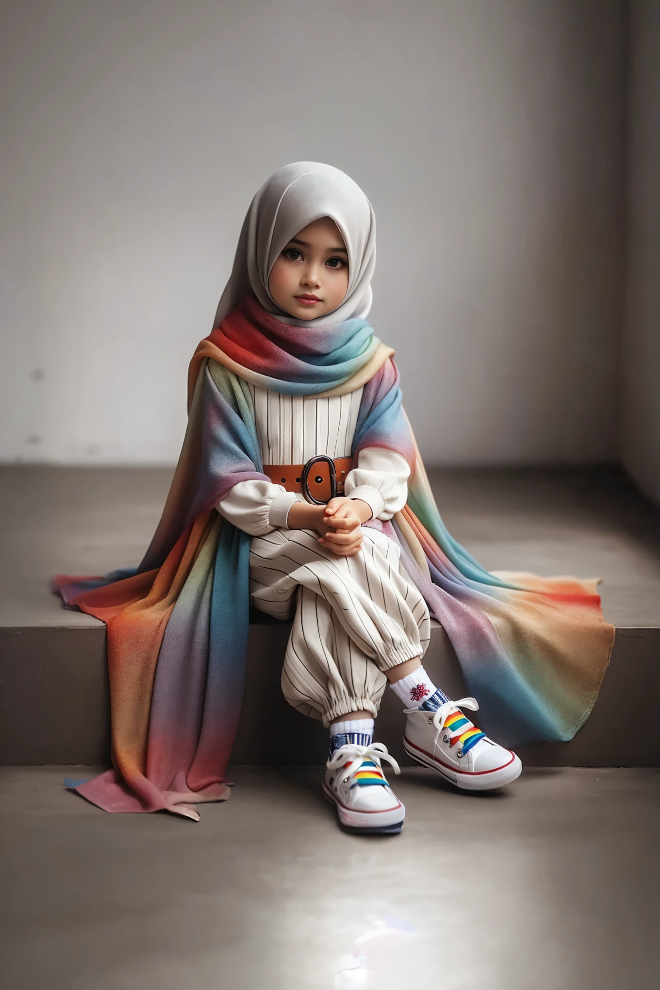 arafed sitting on a step with a teddy bear in her hand, pastel faded grey rainbow, cute colorful adorable, multi colored, rainbow clothes, soft rainbow, with beautiful colors, colourfull, fully colored, coloful, wearing rainbow kimono, colorful mood, multicolored, colorful, colorful pastel, hijab, full colored, full of colors, multi colour