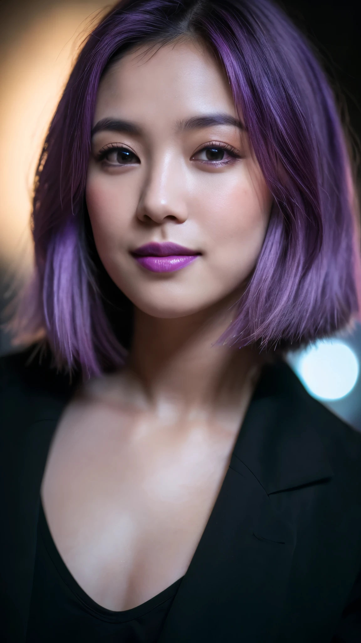 highest quality, epic realistic, ((in the pitch black darkness :1.4)), ((portrait:1.5)),(background: dark ) high contrast ,glorious picture, lowest lux, lighting face, she's comfortable, wearing nothing, looks incredible, (8k, Raw photo, Highest quality),(epic realistic:1.5), a woman, face,(detailed eyes:0.8),(looking at the camera:1.4), (Highest quality), ( high contrast, deep shadows),Intricate details,cinematic,((skin:1.4)), (short purple hair:1.3), short purple hair, messy ,(Hdr:1.5),Detailed, colors, Superior quality, Masterpiece, Raw Photo (20-year-old, looking at viewer), beautiful, (wearing nothing,), perfect, natural, perfect composition, portrait, perfect face, smiling expression, Captivating eyes, Bright details, Tight lips, (High Skin Detail),, (blue tint: 0.6), (sale: 0.8), (bloody: 0.7), Key lighting , (backlight: 0.5), Medium depth of field, Canon 5d, 50mm lens, f/4 apertures, (Ultra-detailed, Complex detail), sharp focus, soft colors, 8k, Absurd, 80mm, dark background, photography, smiling, large breasts, short purple hair, nude, wearing nothing, pinay, filipina