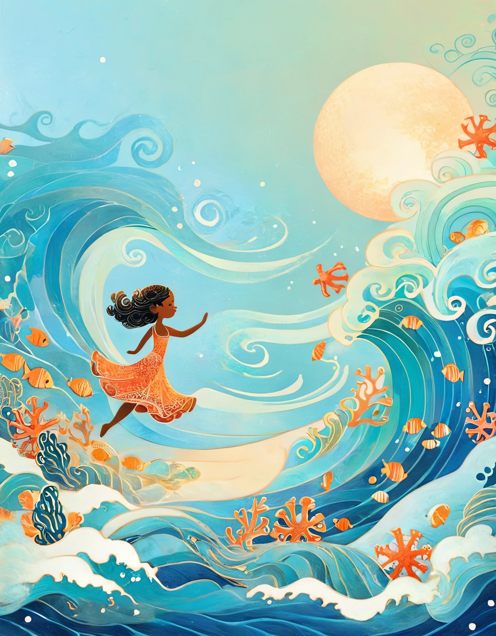 Digital Illustration Art, A comical illustration of a girl dancing with the waves with her extra long head adorned with blue waves, coral, starfish, jellyfish, small fish, (full body), her hair consists of many waves and small fishes, the background is the sea and the blue moon, (the background blends with the ***********'s hair), surrounded by two sides, evokes the charm of the enchanting ocean, white background, Chinese calligraphy oooh and ahhh, lively Ferdinand du Puigaudeau, Victor nizovtsev, shimmering, reflective, optimal digital, 8K, high definition, high resolution, double exposure, beautiful digital illustration, Eyvind Earle style, fine details，in style of Paul Signac, beautiful details