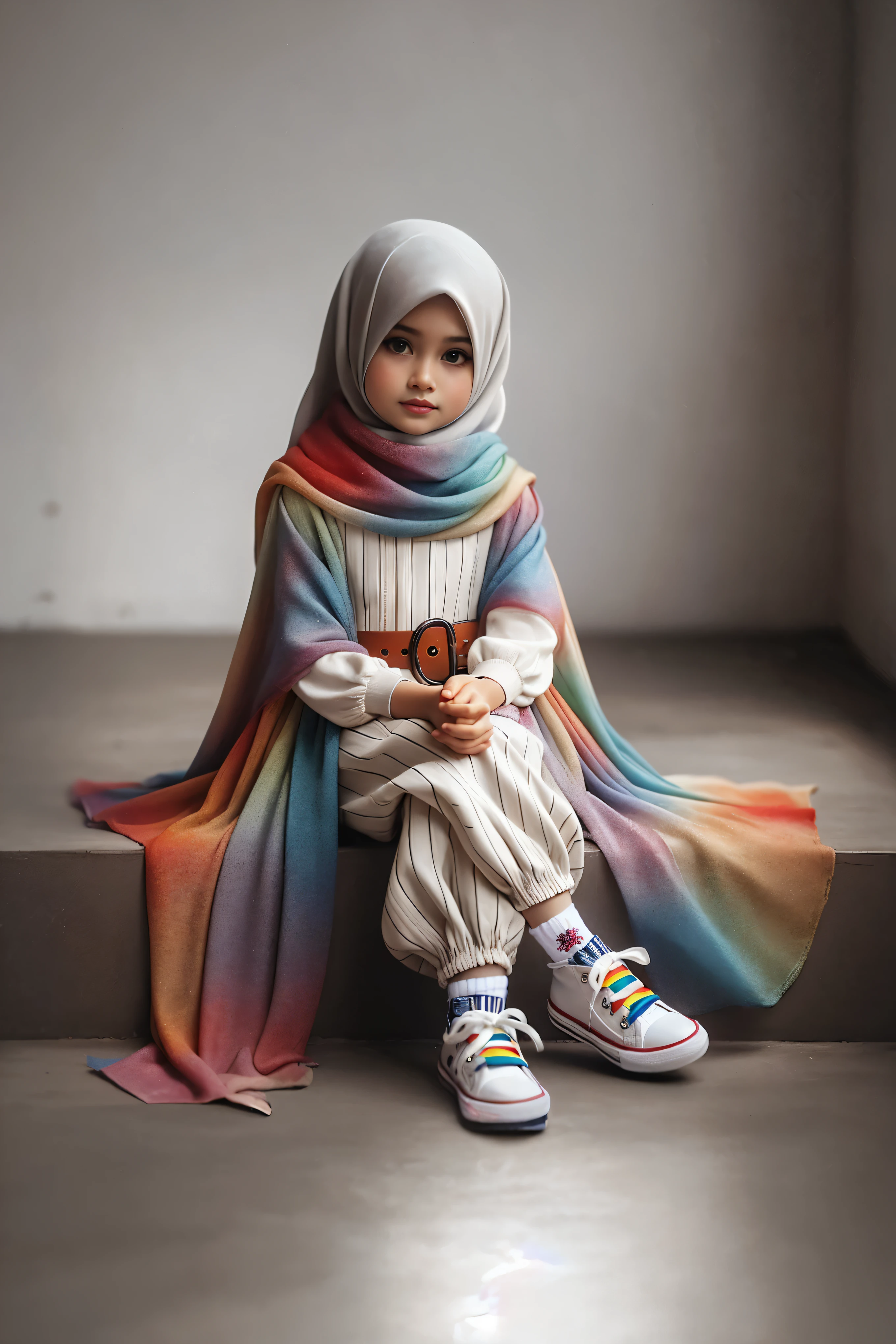 arafed sitting on a step with a teddy bear in her hand, pastel faded grey rainbow, cute colorful adorable, multi colored, rainbow clothes, soft rainbow, with beautiful colors, colourfull, fully colored, coloful, wearing rainbow kimono, colorful mood, multicolored, colorful, colorful pastel, hijab, full colored, full of colors, multi colour