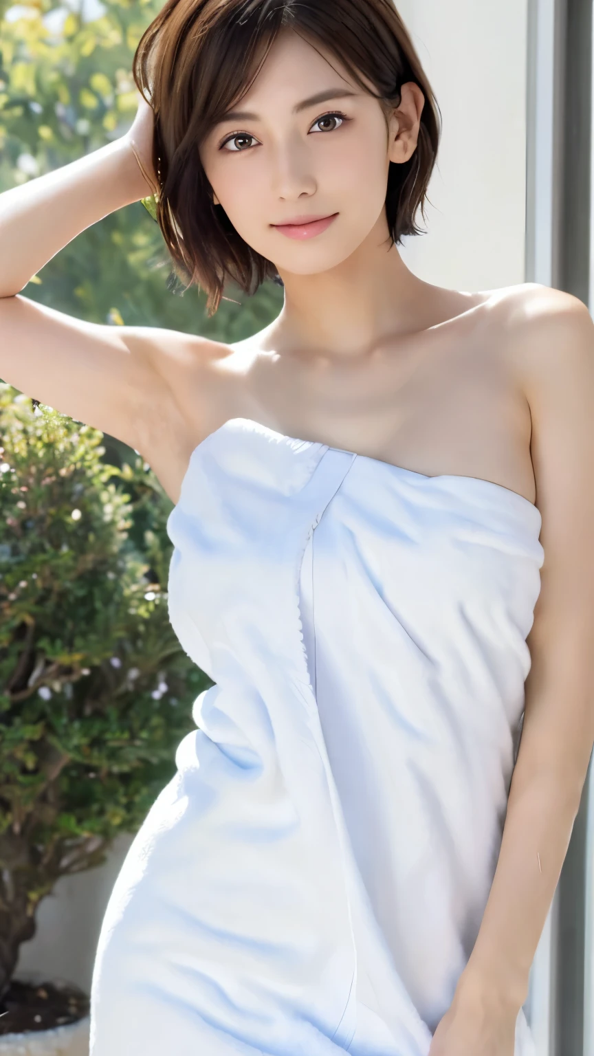 2 women、(masterpiece:1.3), (8K, Photoreal, Raw photo, best image quality: 1.4), Japanese, (2 girls), beautiful face, (lifelike face), (short hair:1.3), beautiful hairstyle, realistic eyes, beautiful eyes, (real looking skin), beautiful skin, Charm, 超A high resolution, surreal, high detail, golden ratio, detail makeup,see the beholder,medium chest、((Naked with a white towel))、wet hair、Face wet with sweat、Sweaty body、trimmed pubic hair、((whole body))、after the shower、standing、