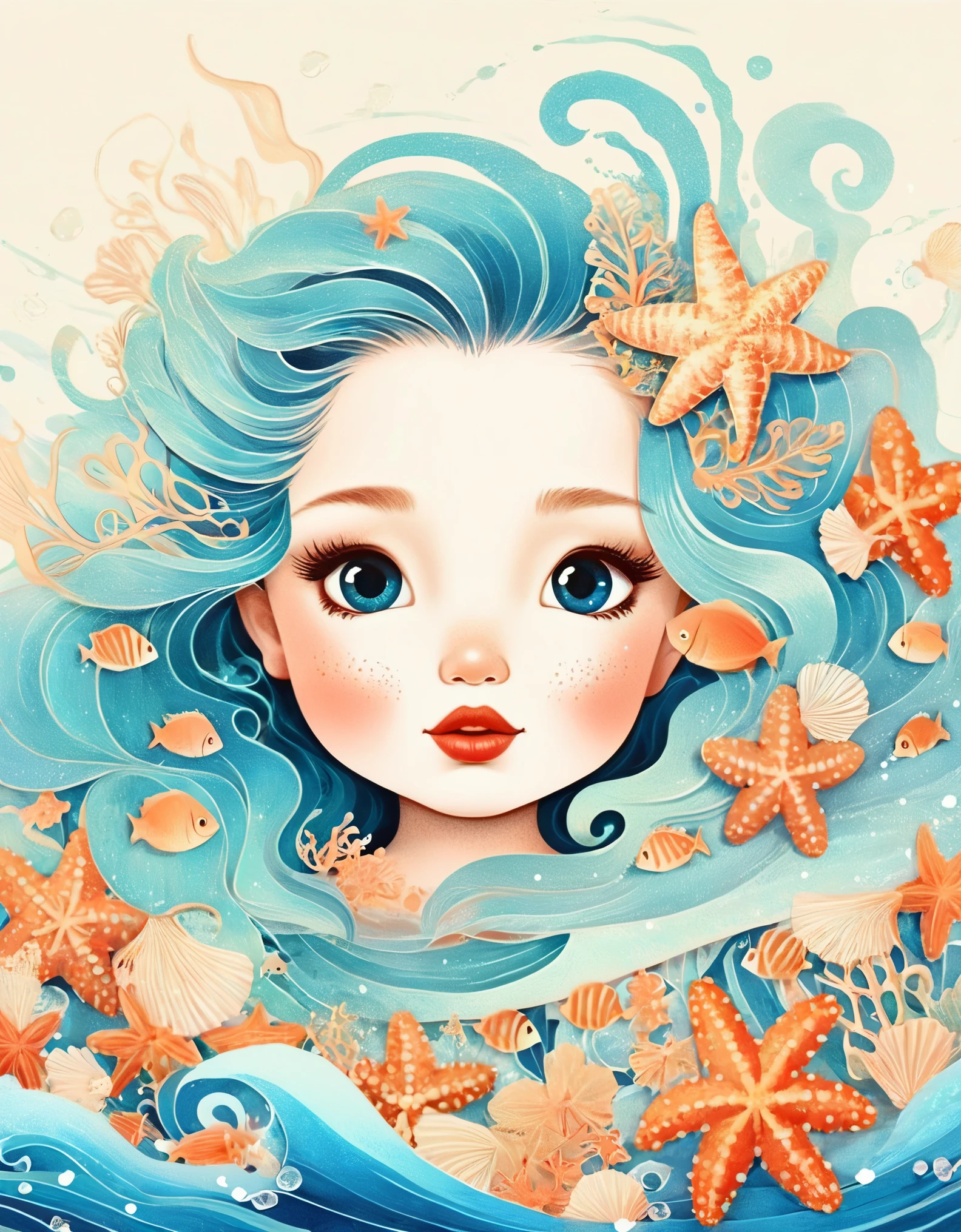 Digital Illustration Art, A comical illustration of a little girl's head adorned with coral, starfish, small fish, blue waves, etc., (front), her hair consists of a number of waves and small fish, with the sea and beach in the background, (the background blends in with the little girl's hair), wrapped around on both sides, evokes the enchanting glamor of the sea, white background, Chinese calligraphy whimpering, Vivid Ferdinand du Puigaudeau, Victor nizovtsev, glitter, reflections, optimal digital, 8K, high definition, high resolution, double exposure, beautiful digital illustration, Eyvind Earle style, fine detailss,in style of Paul Signac, beautiful details