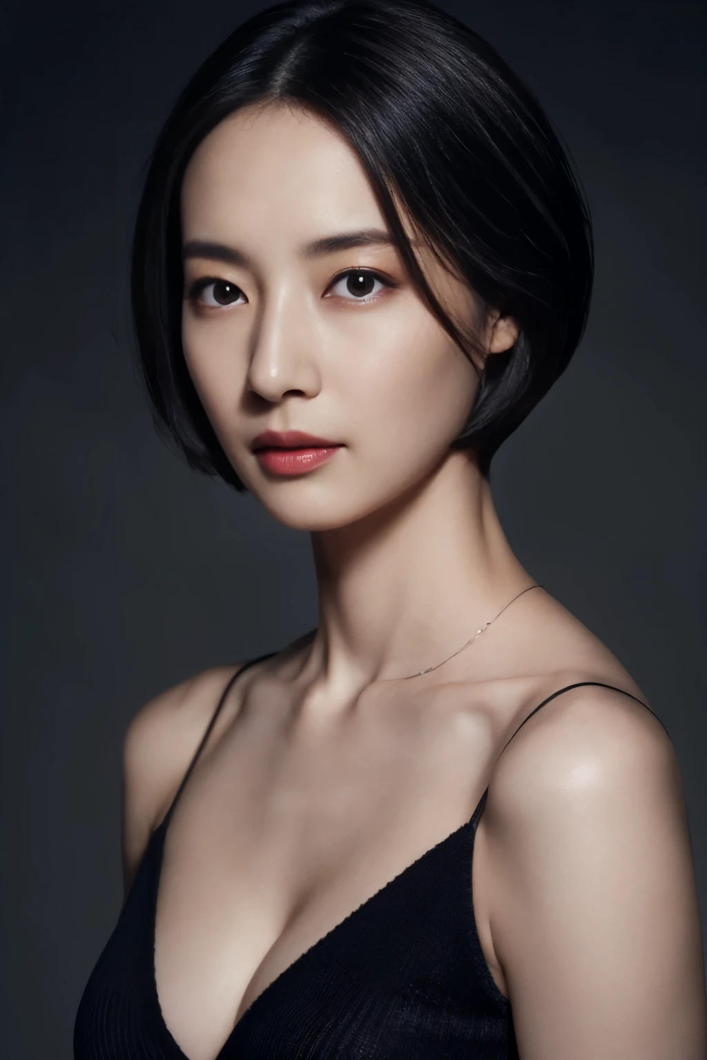 8K image, highest quality, masterpiece, realistic, realistic, High resolution, ray tracing, 1 sexy woman, Dark deep V-neck sweater, well-shaped chest, detailed skin texture, short cut hair, straight hair, Slim body type, ((view audience))