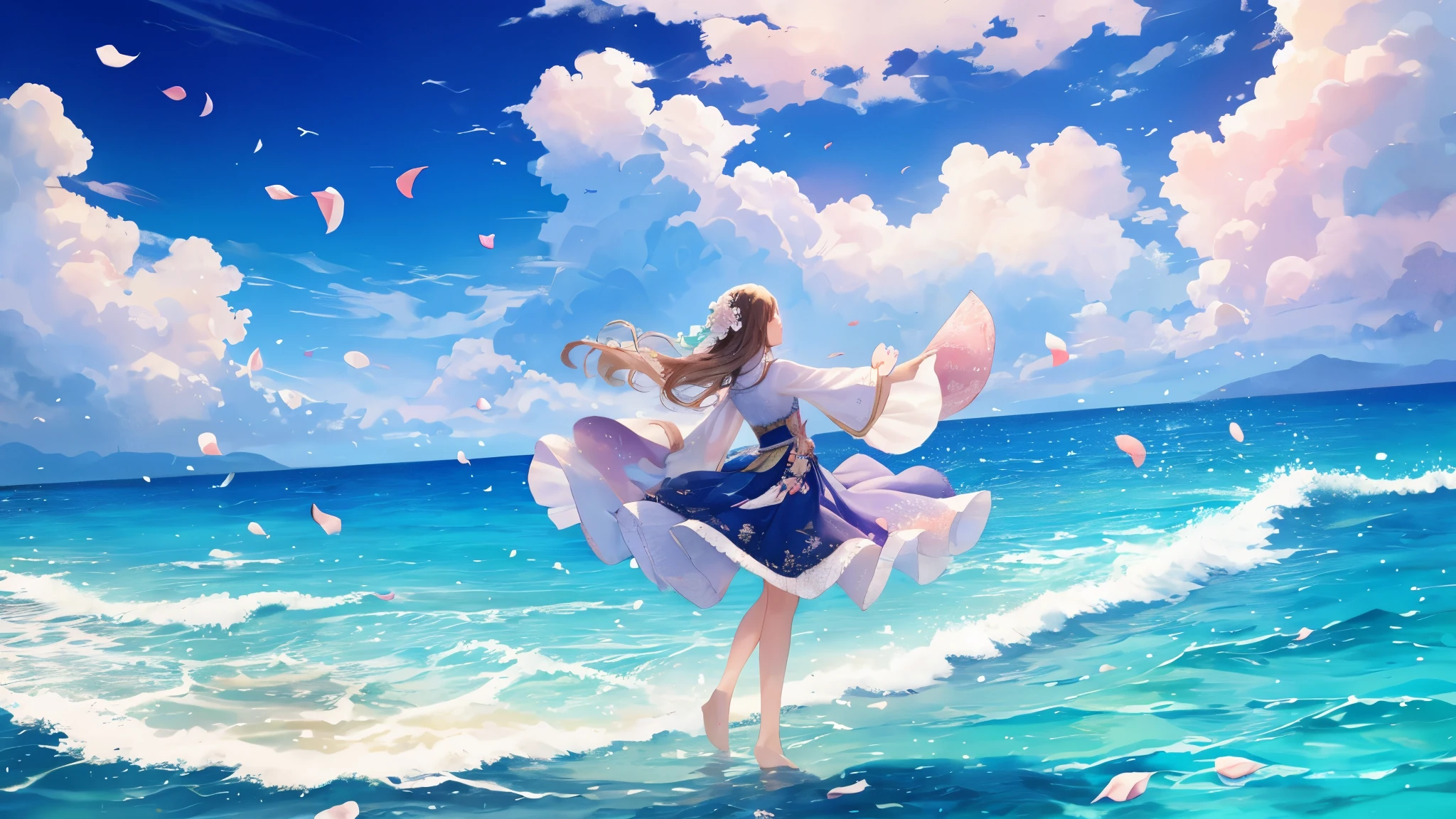 （A big rainbow floating in the sky after the rain）、Pretty girl looking up、sunny、anime style illustration、watercolor style、full body shot、White Cami Dress、white clothes、white skirt、barefoot、