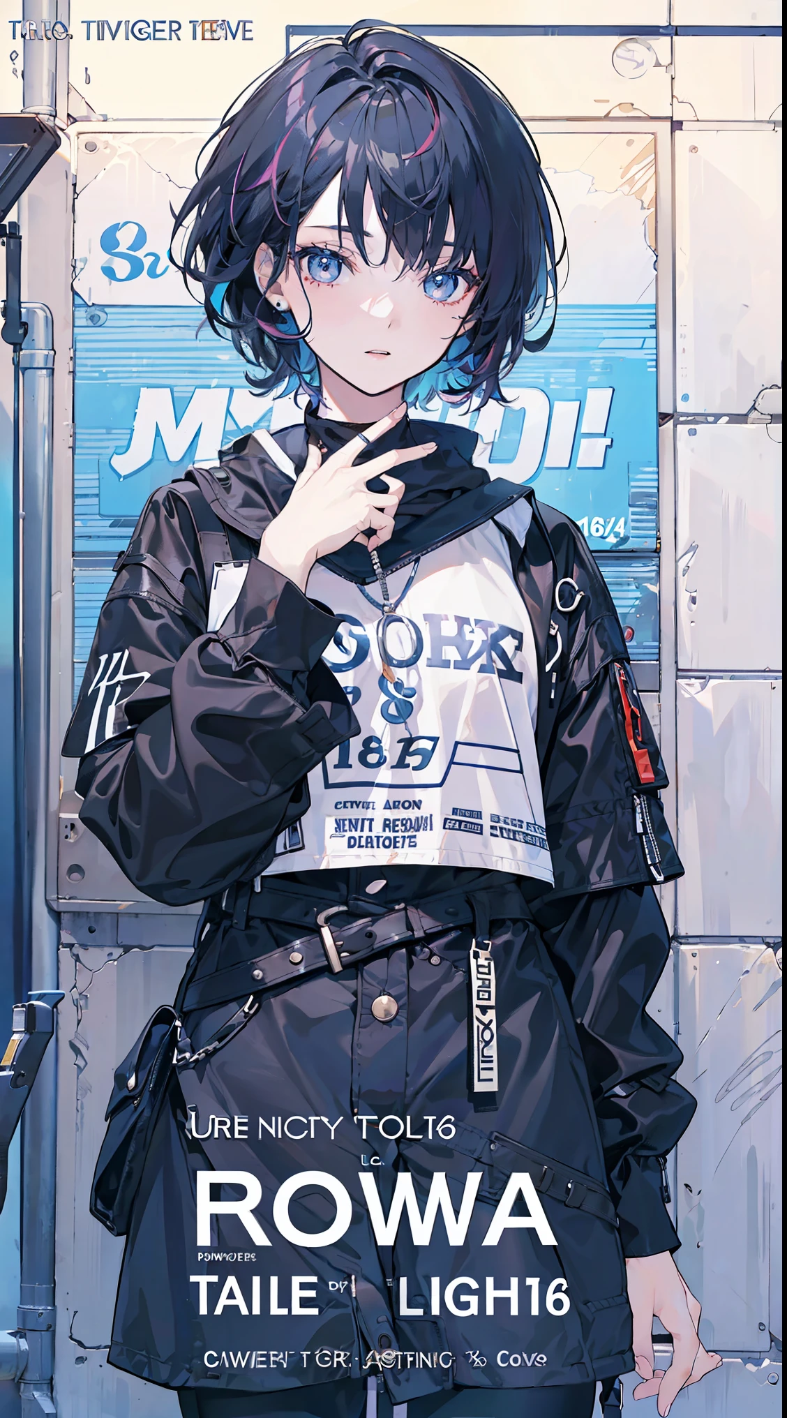 ((mixed colors hair)), bright lighting, masterpiece,1girll, ((short hair)), ((-yeld fee model)), (((cowboy shot)) 2D, detailed eyes, ((Text)), tile, cover, bold, attention-grabbing, title, stylish, ((font)), catchy, headline, beautiful eyes, eyes focus, detailed hands, better fingers,