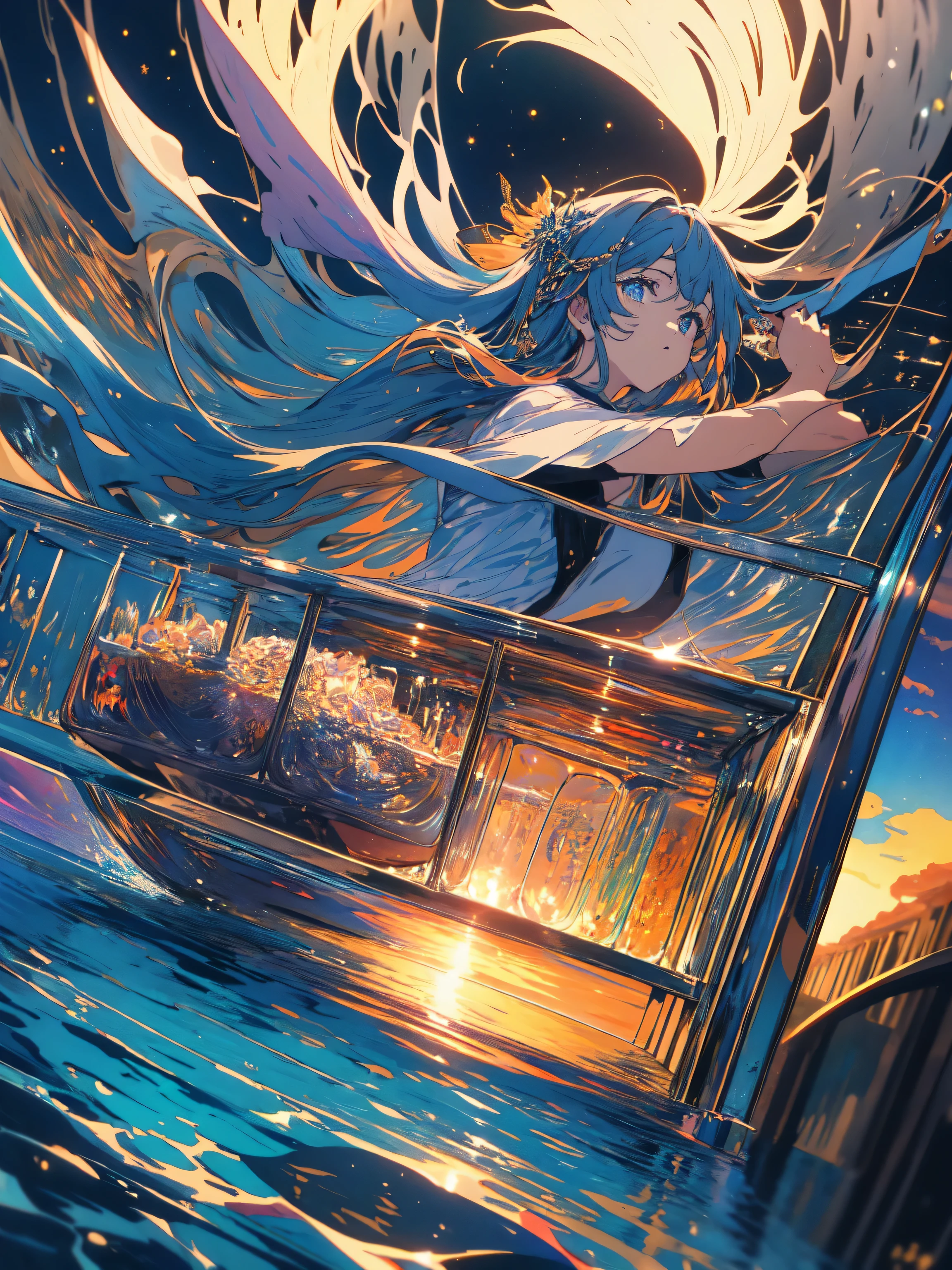 ((best quality)), Jewelry Packaging)),((1 Obese girl)),Ocean,Boat,Cross your legs,Dark blue hair,Sleeping on the throne,Red platform shoes,((Gloves)),(Nikolai Fehin),( Fisher, ),The background is Ocean,Ocean