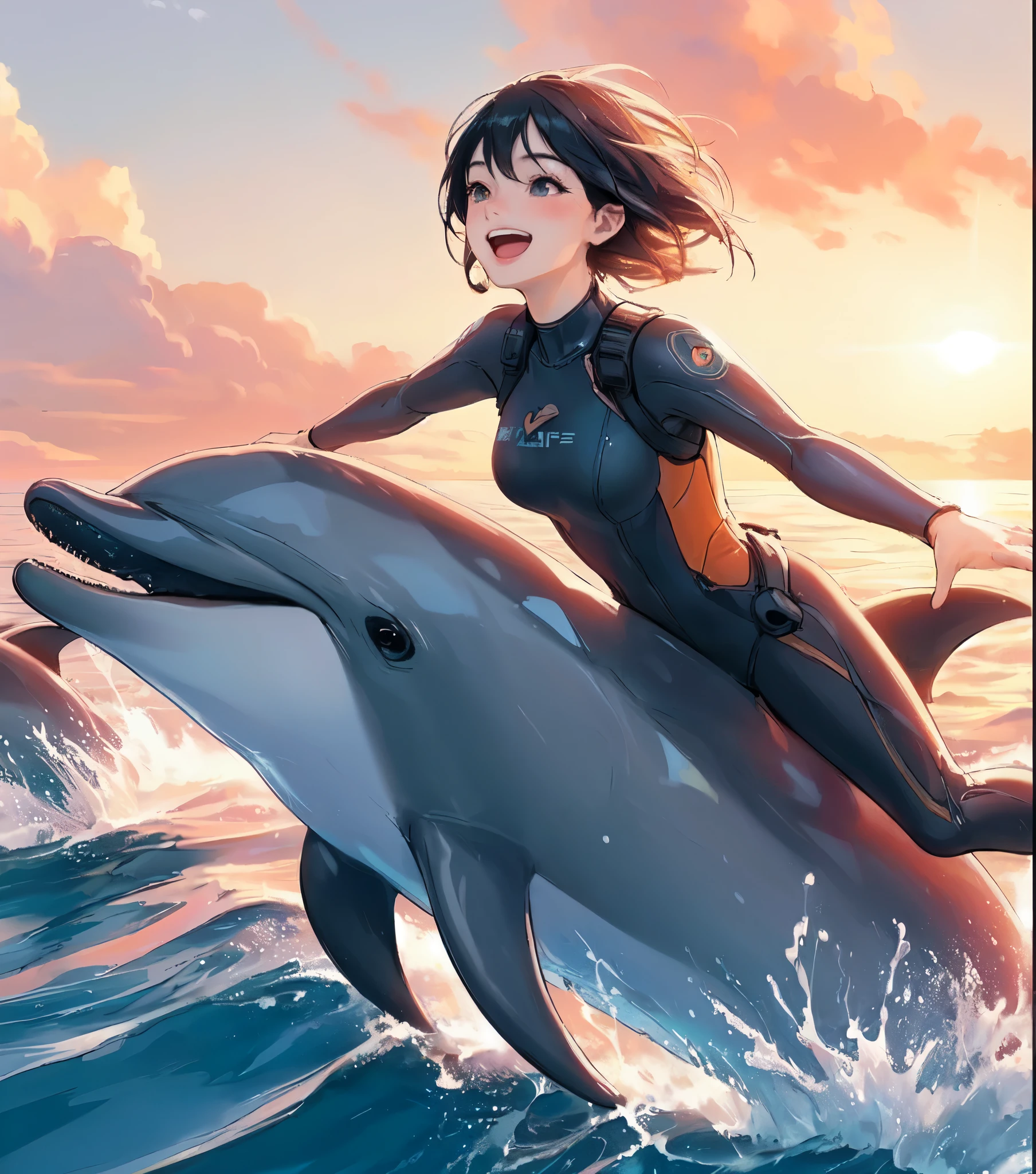 1lady solo, (riding a dolphin:1.2), (dynamic posing), (wetsuit) stylish, mature female, /(black hair/) wind, blush happy smile, (open mouth) (teeth:0.8), (masterpiece best quality:1.2) delicate illustration ultra-detailed, medium breasts BREAK (dolphins leaping and dancing:1.2), (realistic dolphin), splash BREAK /(vast ocean/) outdoors, dolphins, sea surface, sunset sky, at dusk, detailed background