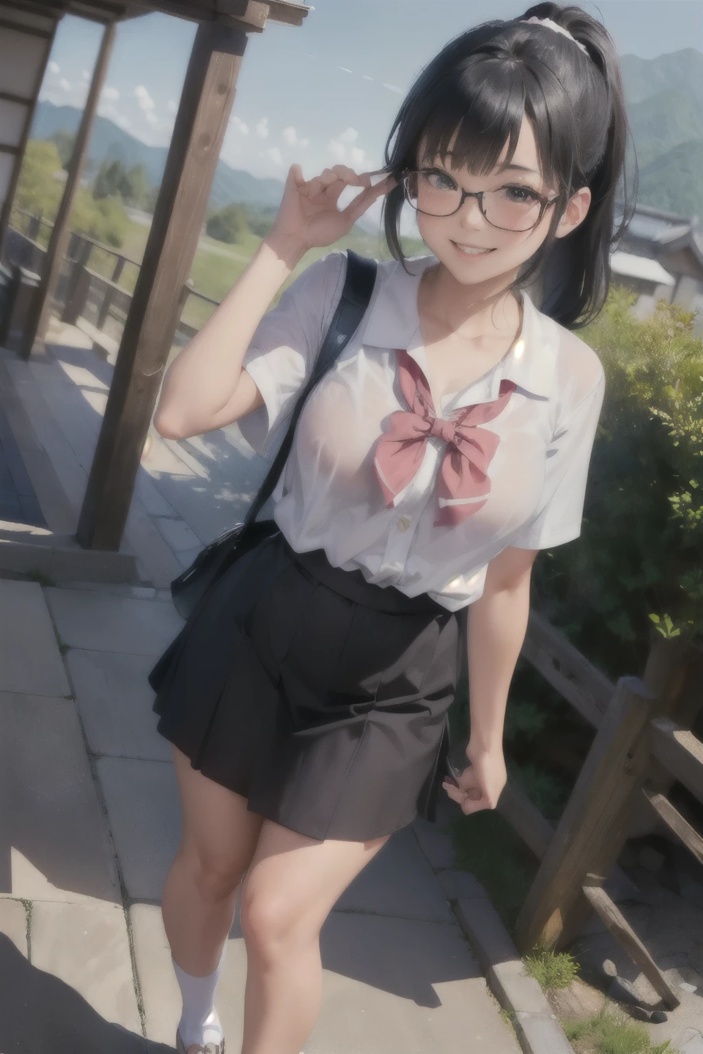 ((wide angle, full body)) beautiful female tourist, black hair tied in a ponytail, bangs, wearing large glasses, smiling at the corners of the mouth, ((wearing a preppy style outfit)) morning light, Shirakawa-go Japan